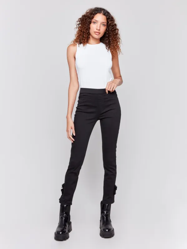 Slim Twill Pants with Side Roses - Black sold by Charlie B