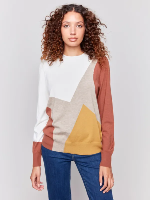 Color Block Crew Neck Sweater - Ecru sold by Charlie B