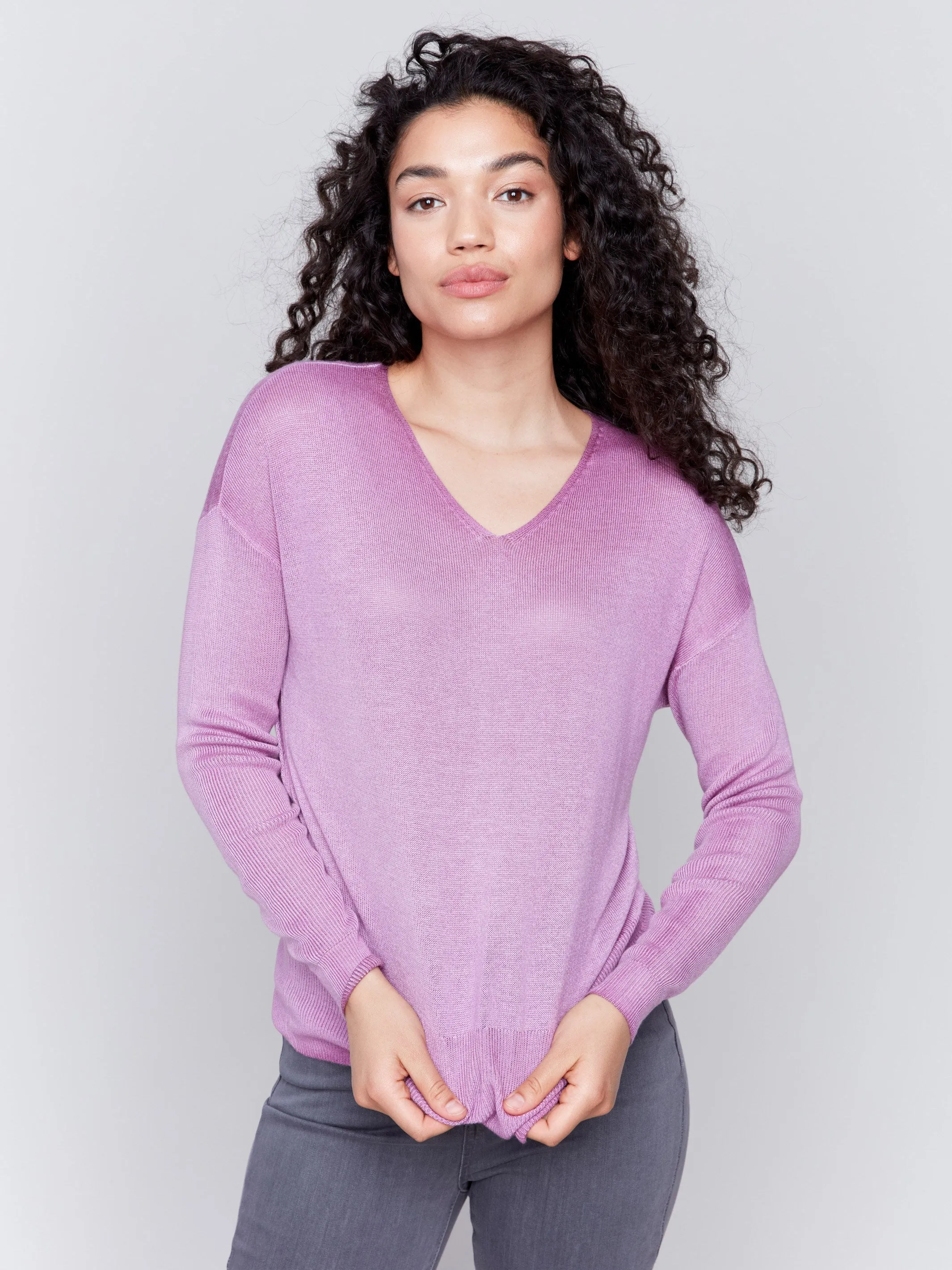 Snow Wash V-Neck Sweater - Mulberry sold by Charlie B