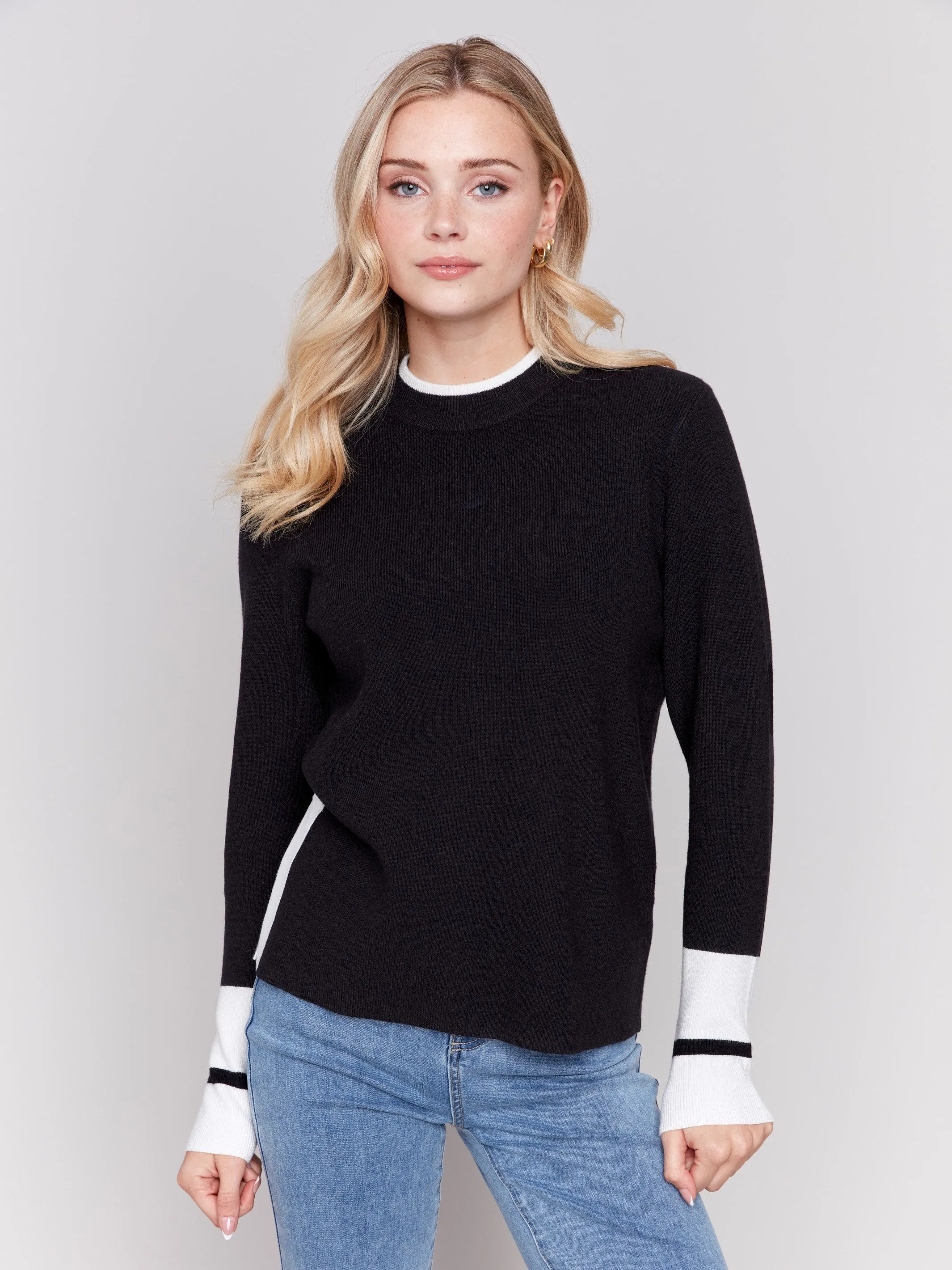 Crew Neck Sweater with Side Slit - Black sold by Charlie B