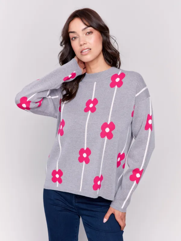 Plush Floral Print Sweater - Grey sold by Charlie B