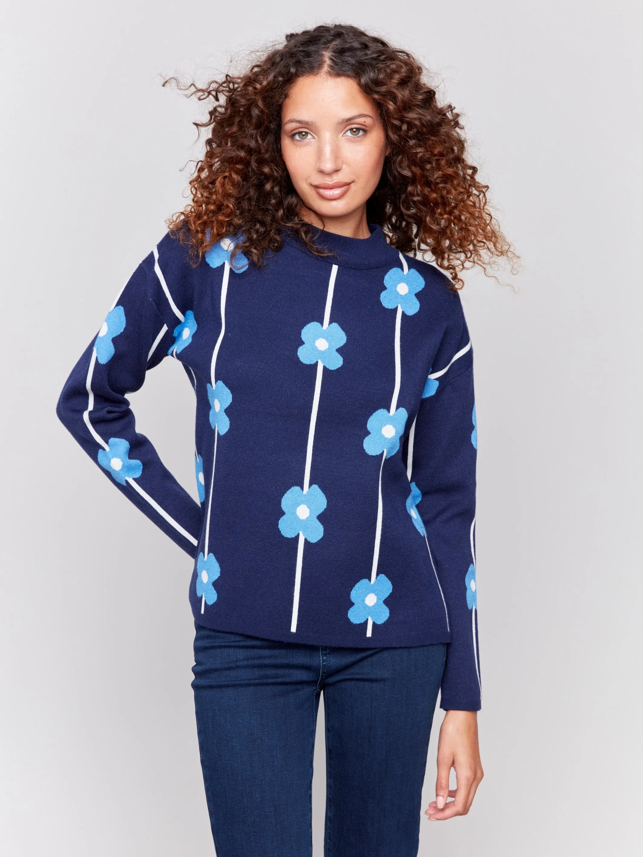 Plush Floral Print Sweater - Navy sold by Charlie B