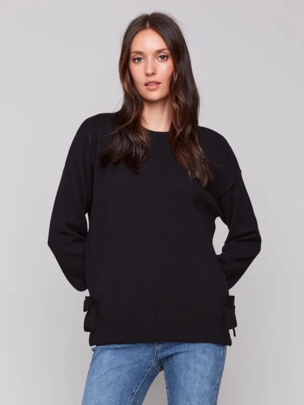 Crew Neck Sweater with Side Bows - Black sold by Charlie B