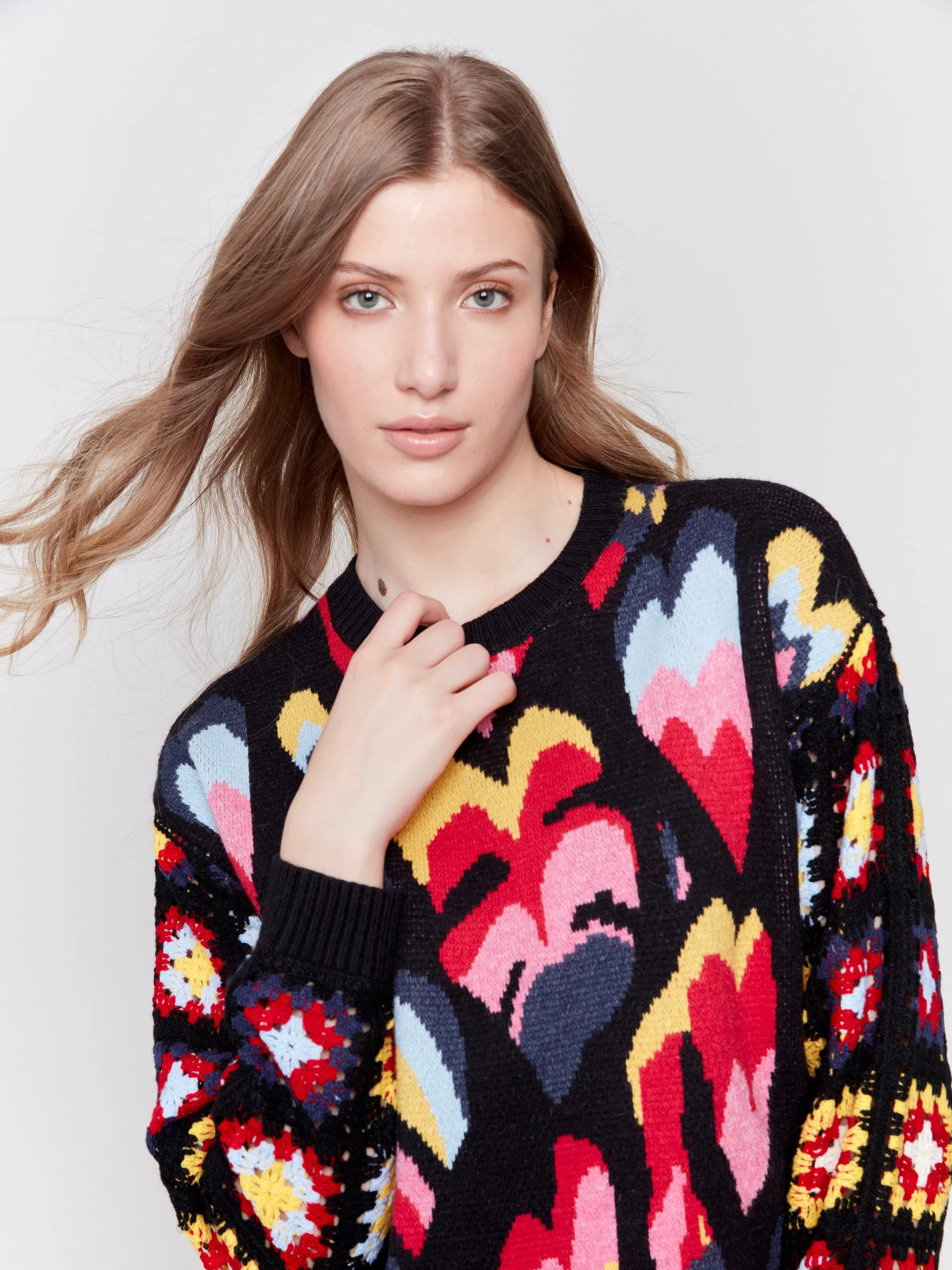 Jacquard Print Sweater with Crochet Sleeves - Black sold by Charlie B product image thumbnail 2
