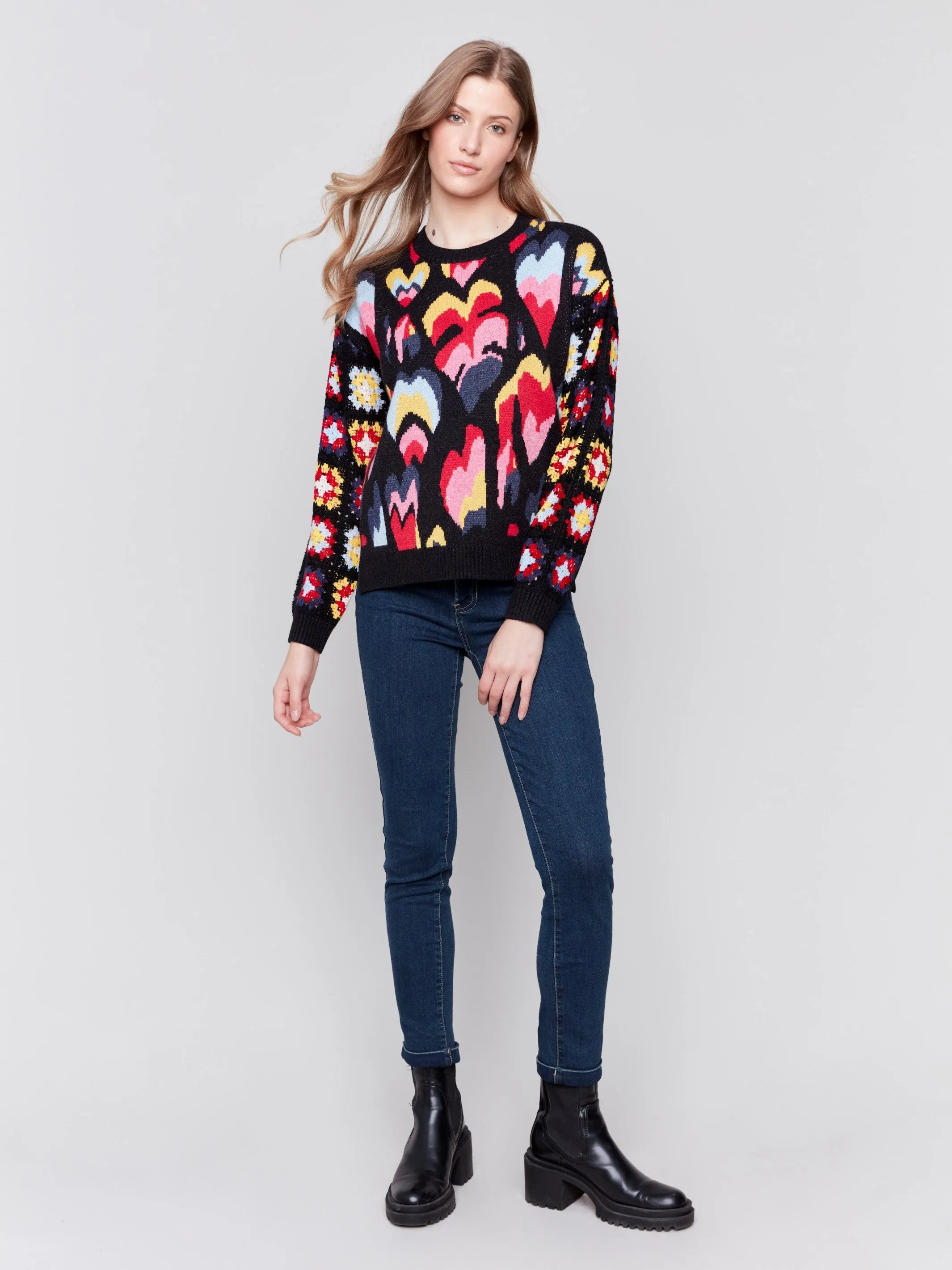 Jacquard Print Sweater with Crochet Sleeves - Black sold by Charlie B product image thumbnail 3
