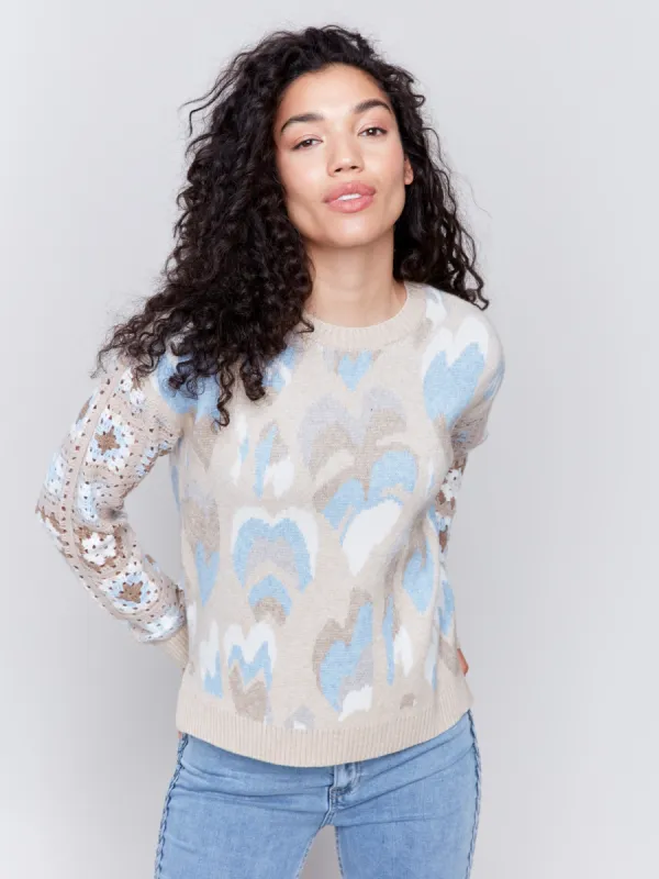 Jacquard Print Sweater with Crochet Sleeves - Ocean sold by Charlie B