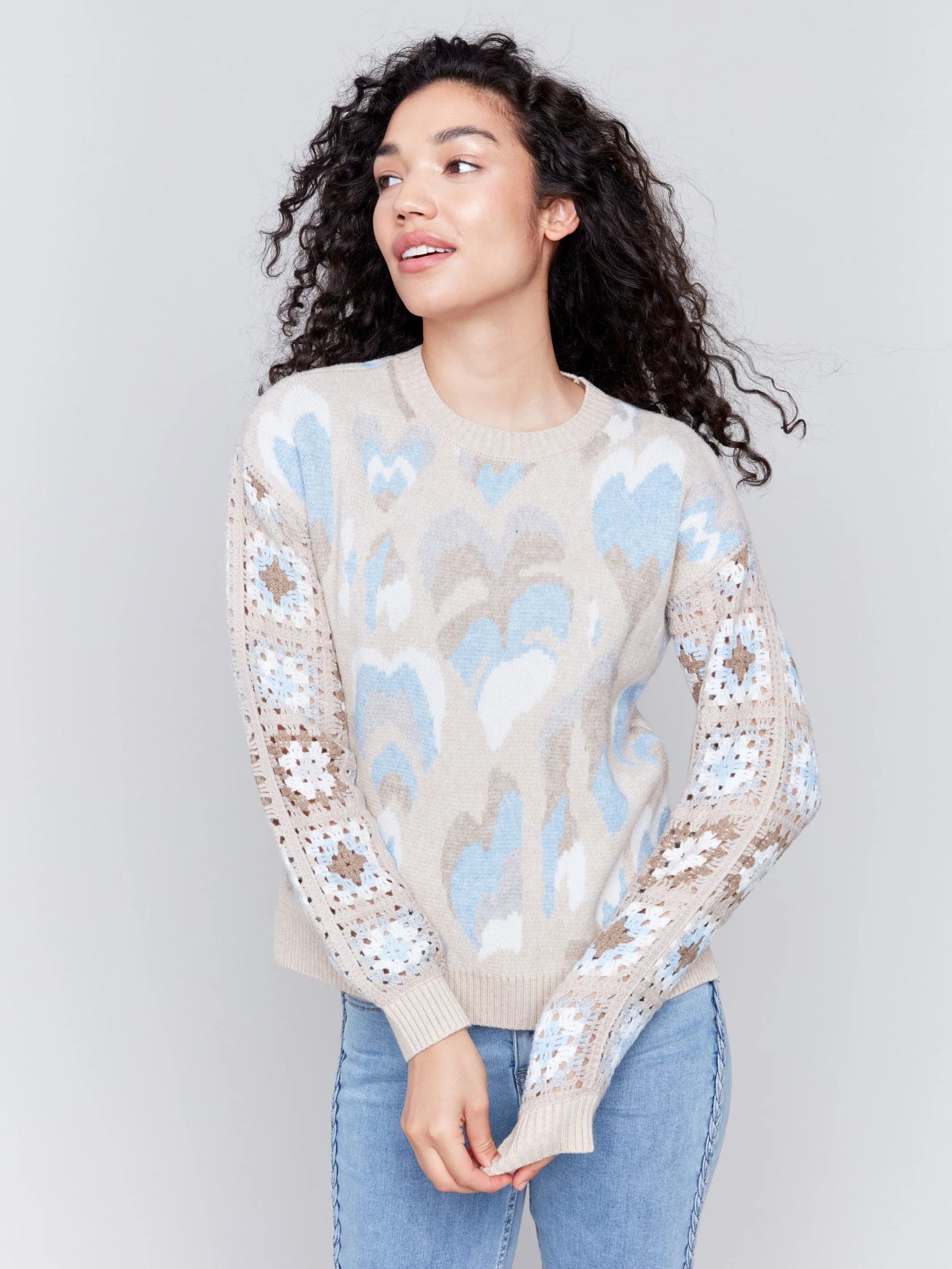 Jacquard Print Sweater with Crochet Sleeves - Ocean sold by Charlie B product image thumbnail 5
