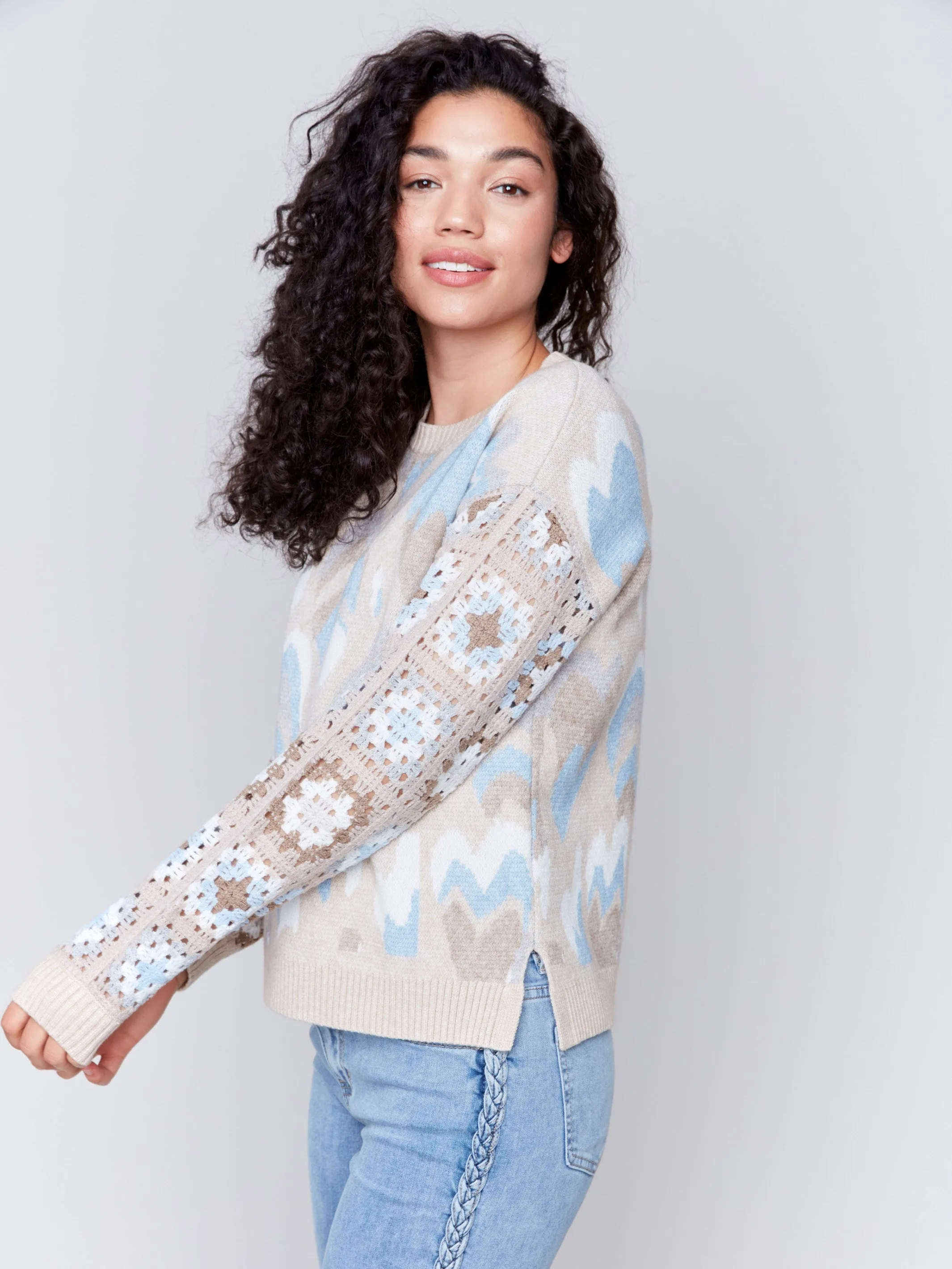 Jacquard Print Sweater with Crochet Sleeves - Ocean sold by Charlie B product image thumbnail 2