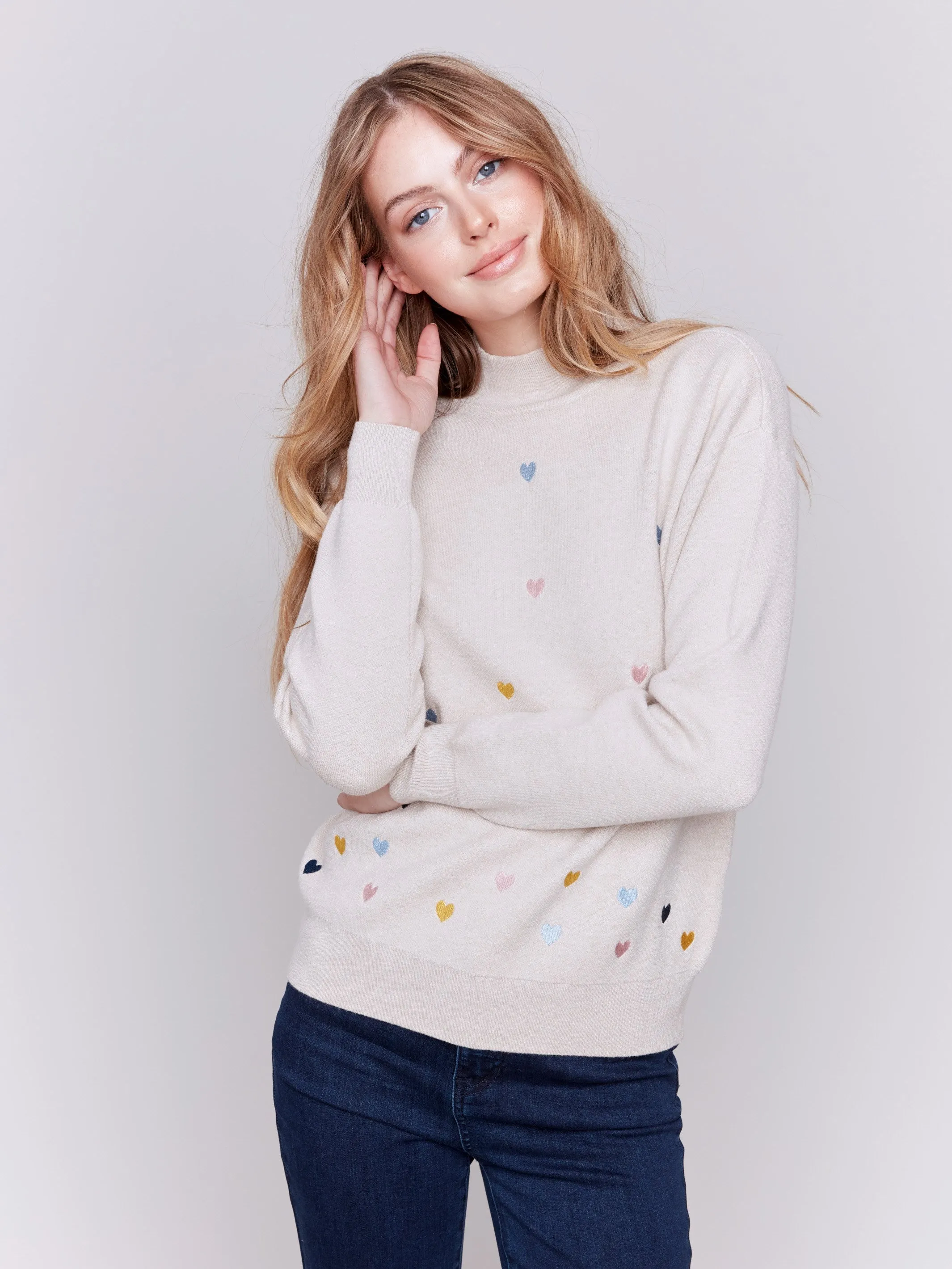 Mock Neck Sweater with Embroidered Hearts - Ecru sold by Charlie B product image thumbnail 5