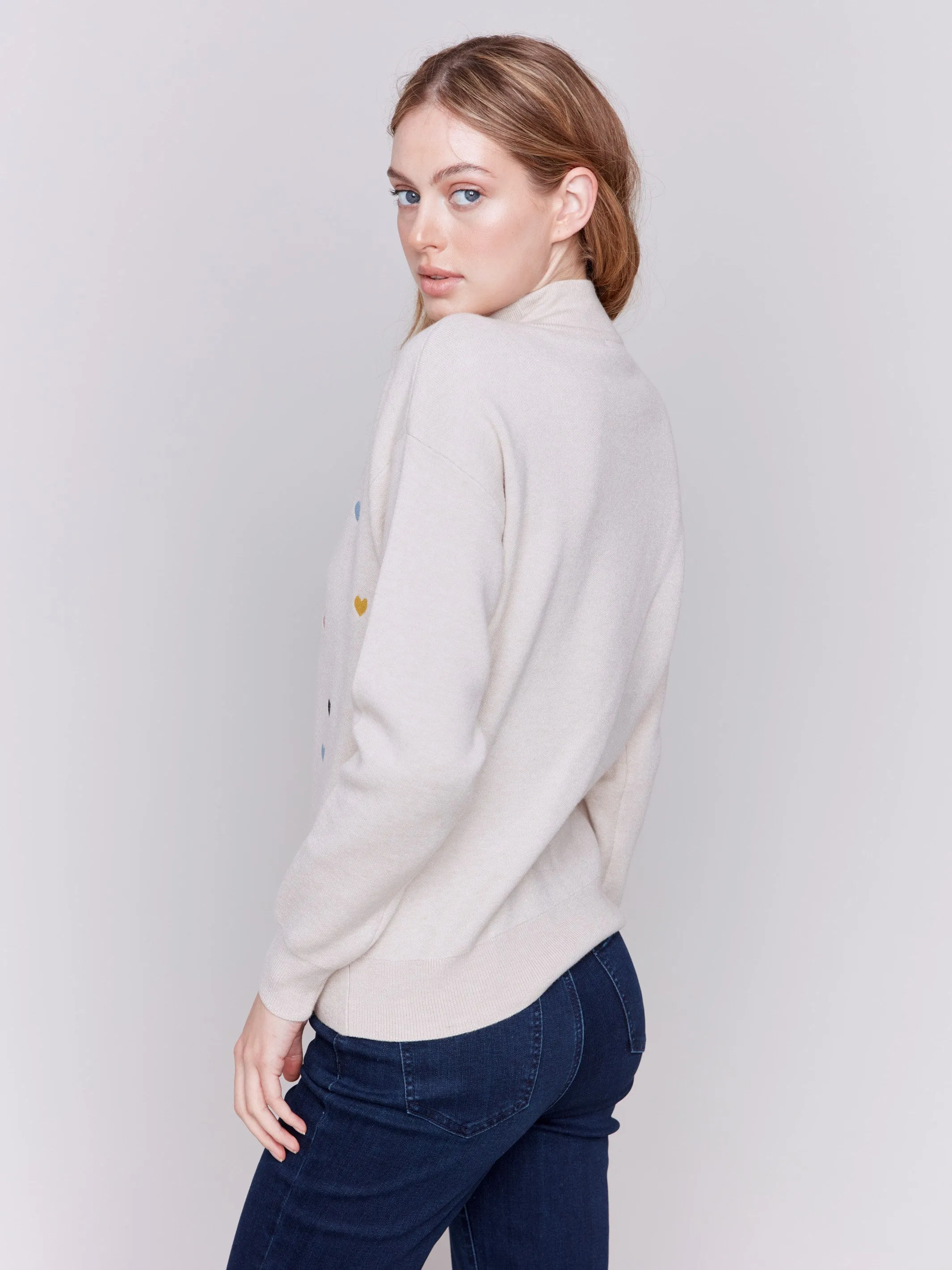 Mock Neck Sweater with Embroidered Hearts - Ecru sold by Charlie B product image thumbnail 3