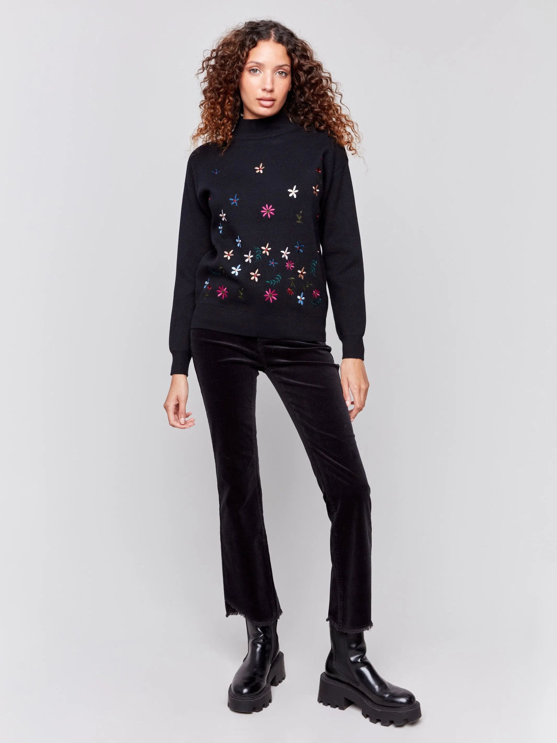 Mock Neck Sweater with Embroidered Flowers - Black sold by Charlie B product image thumbnail 2