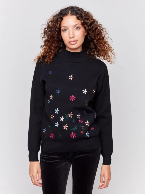 Mock Neck Sweater with Embroidered Flowers - Black sold by Charlie B