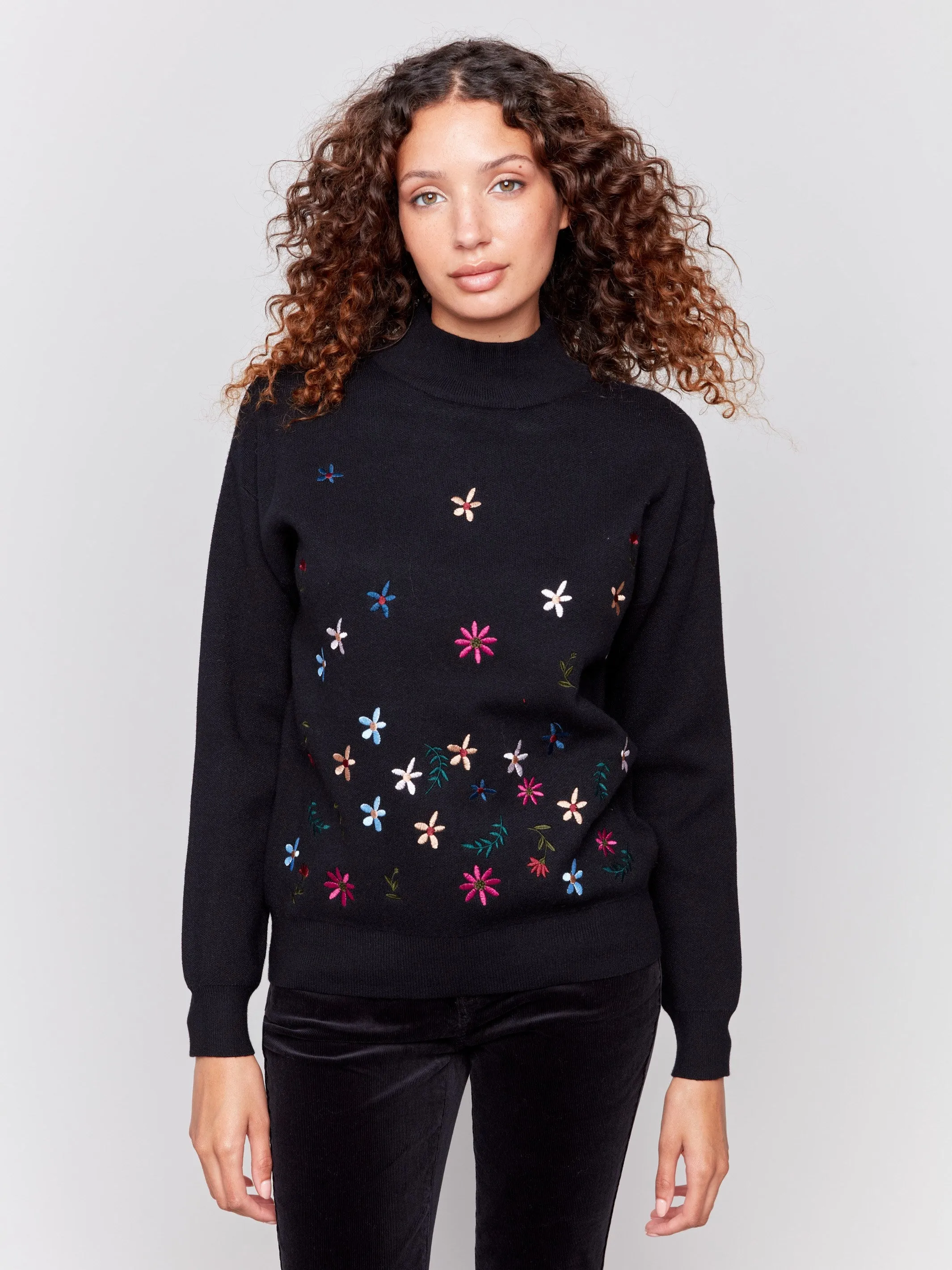 Mock Neck Sweater with Embroidered Flowers - Black sold by Charlie B