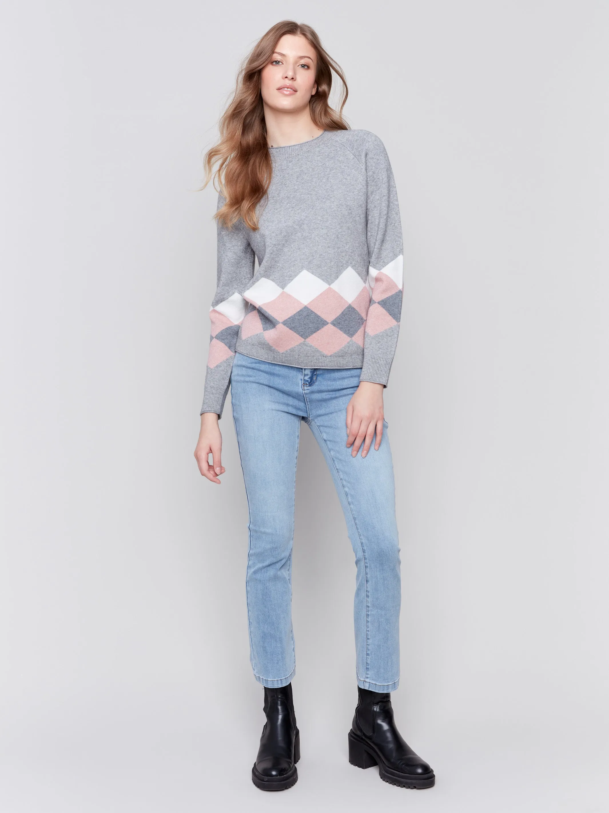 Jacquard Knit Argyle Sweater - Grey sold by Charlie B product image thumbnail 2