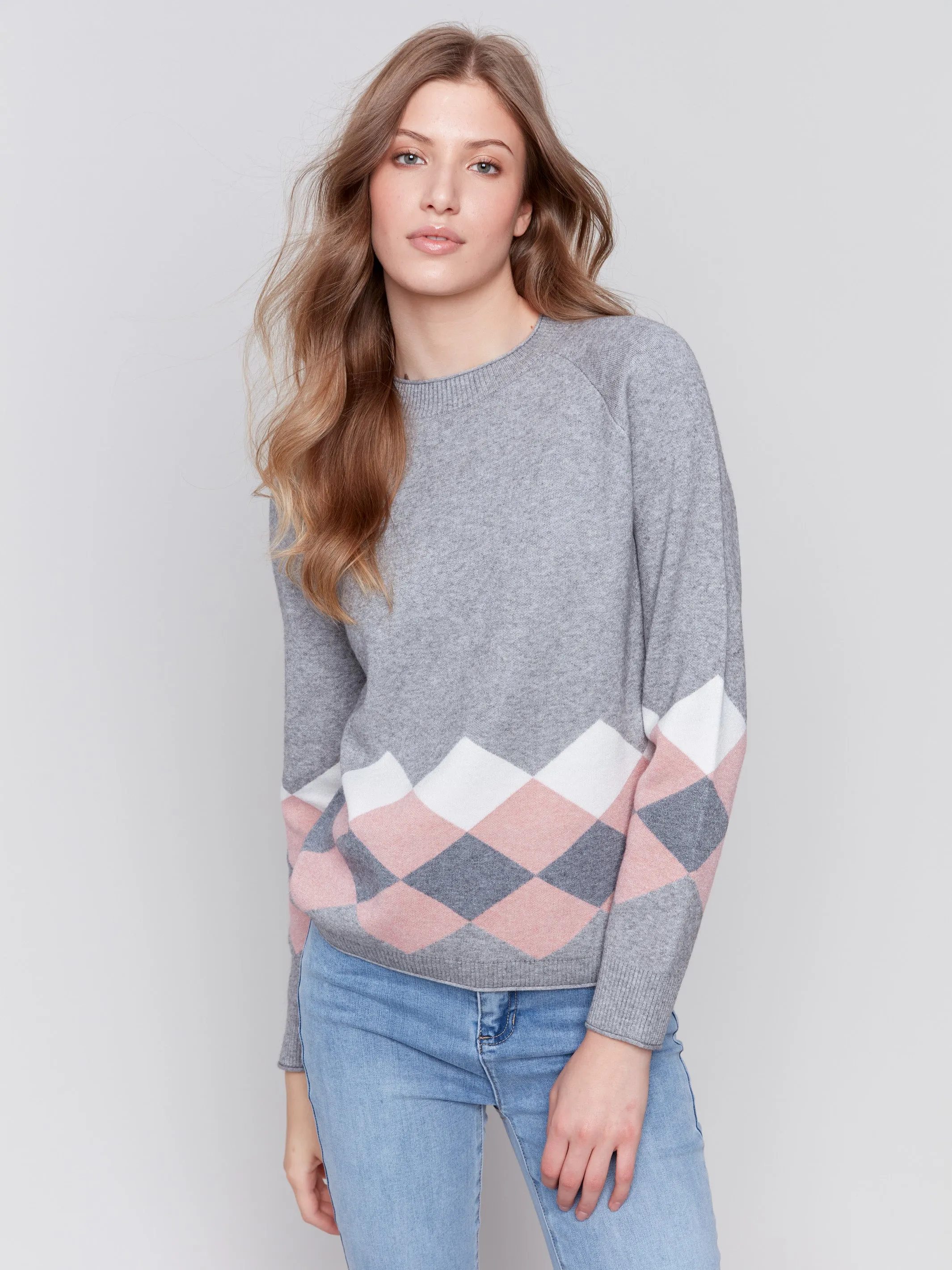 Jacquard Knit Argyle Sweater - Grey sold by Charlie B