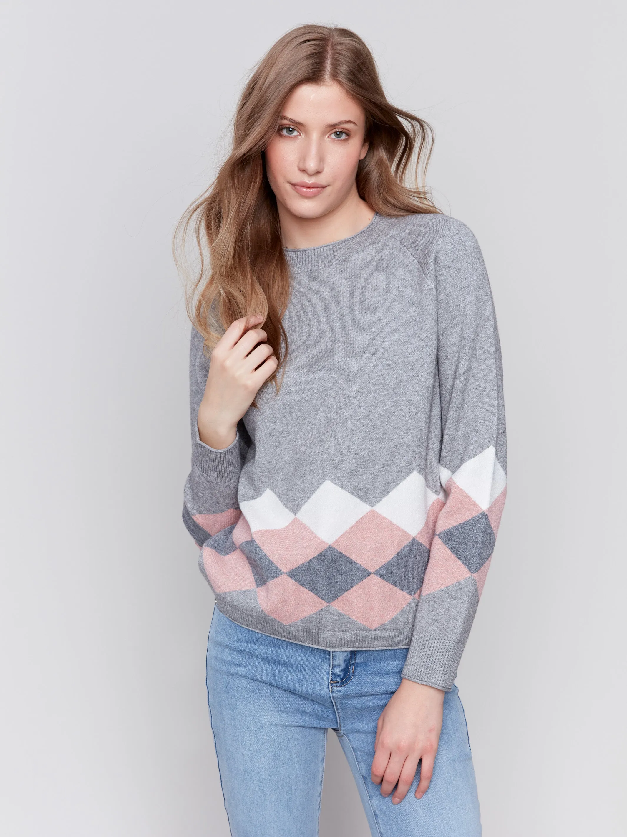 Jacquard Knit Argyle Sweater - Grey sold by Charlie B product image thumbnail 3