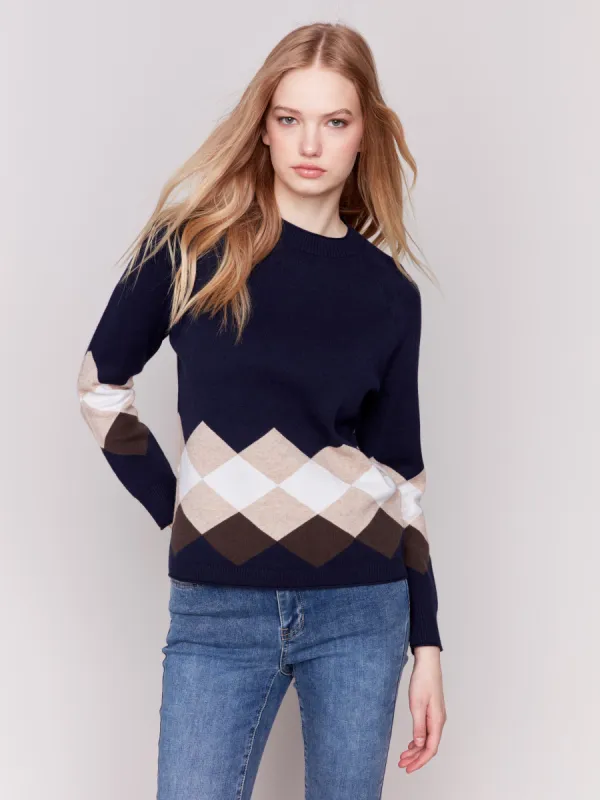 Jacquard Knit Argyle Sweater - Navy sold by Charlie B
