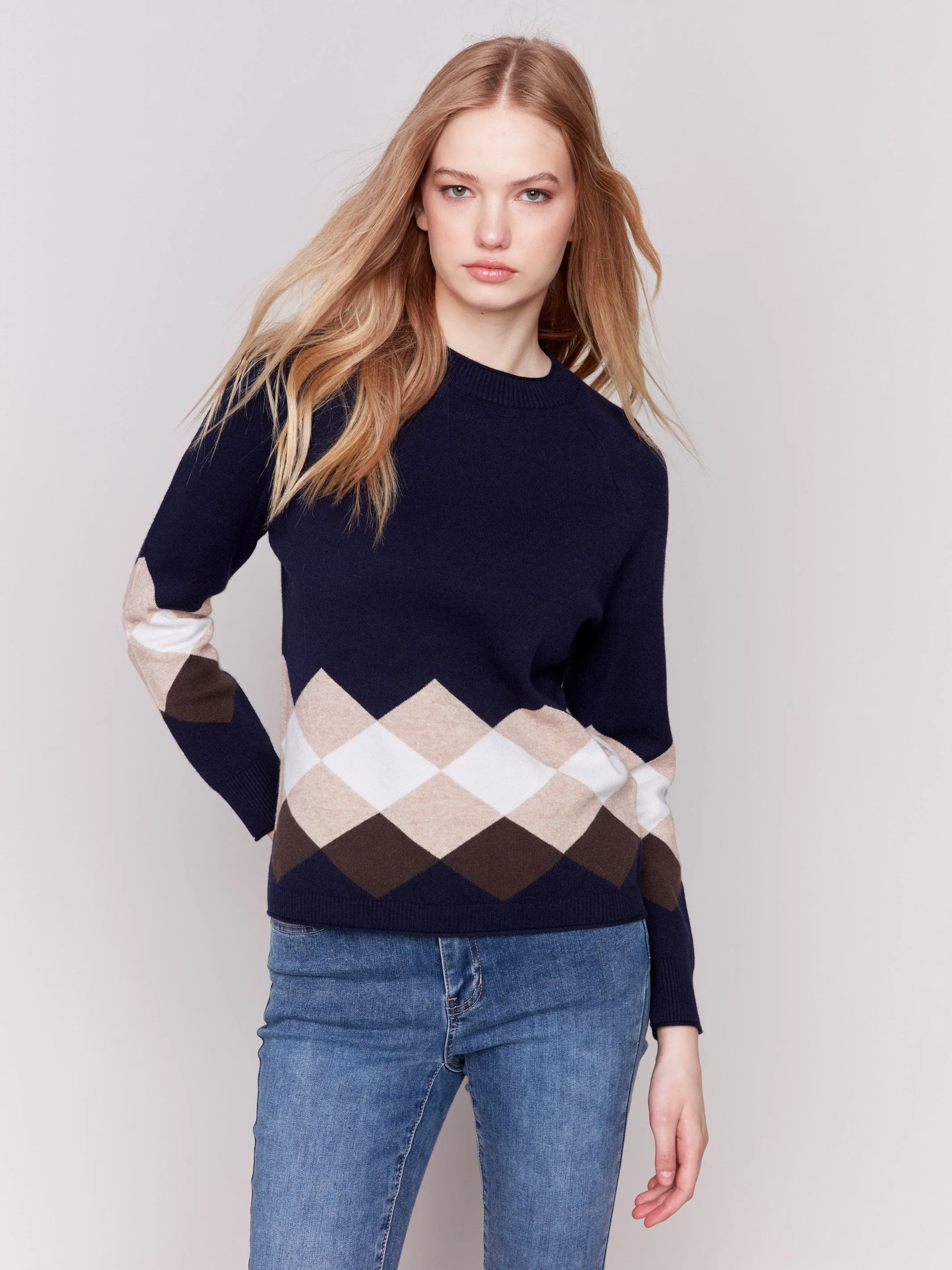 Jacquard Knit Argyle Sweater - Navy sold by Charlie B