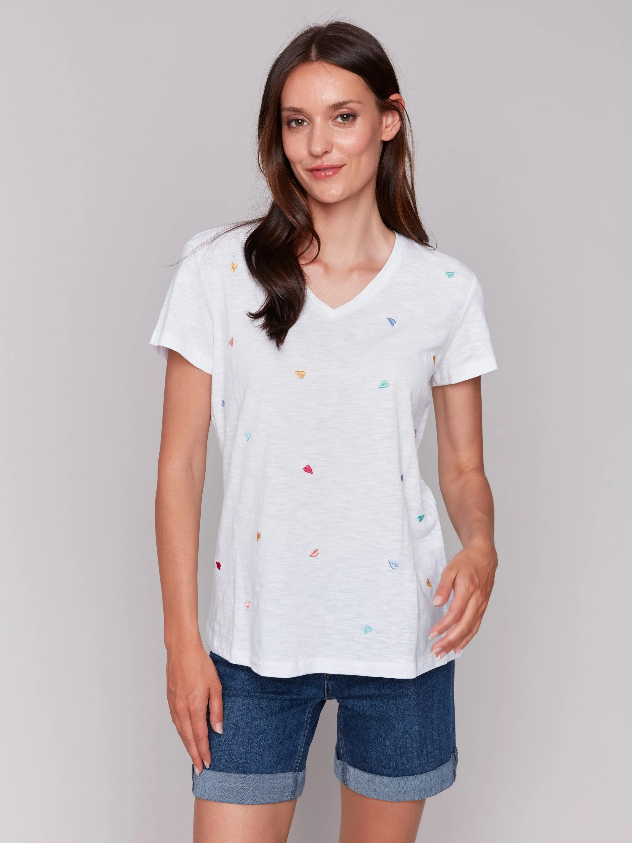 Embroidered Cotton V-Neck T-Shirt - Hearts sold by Charlie B product image thumbnail 4