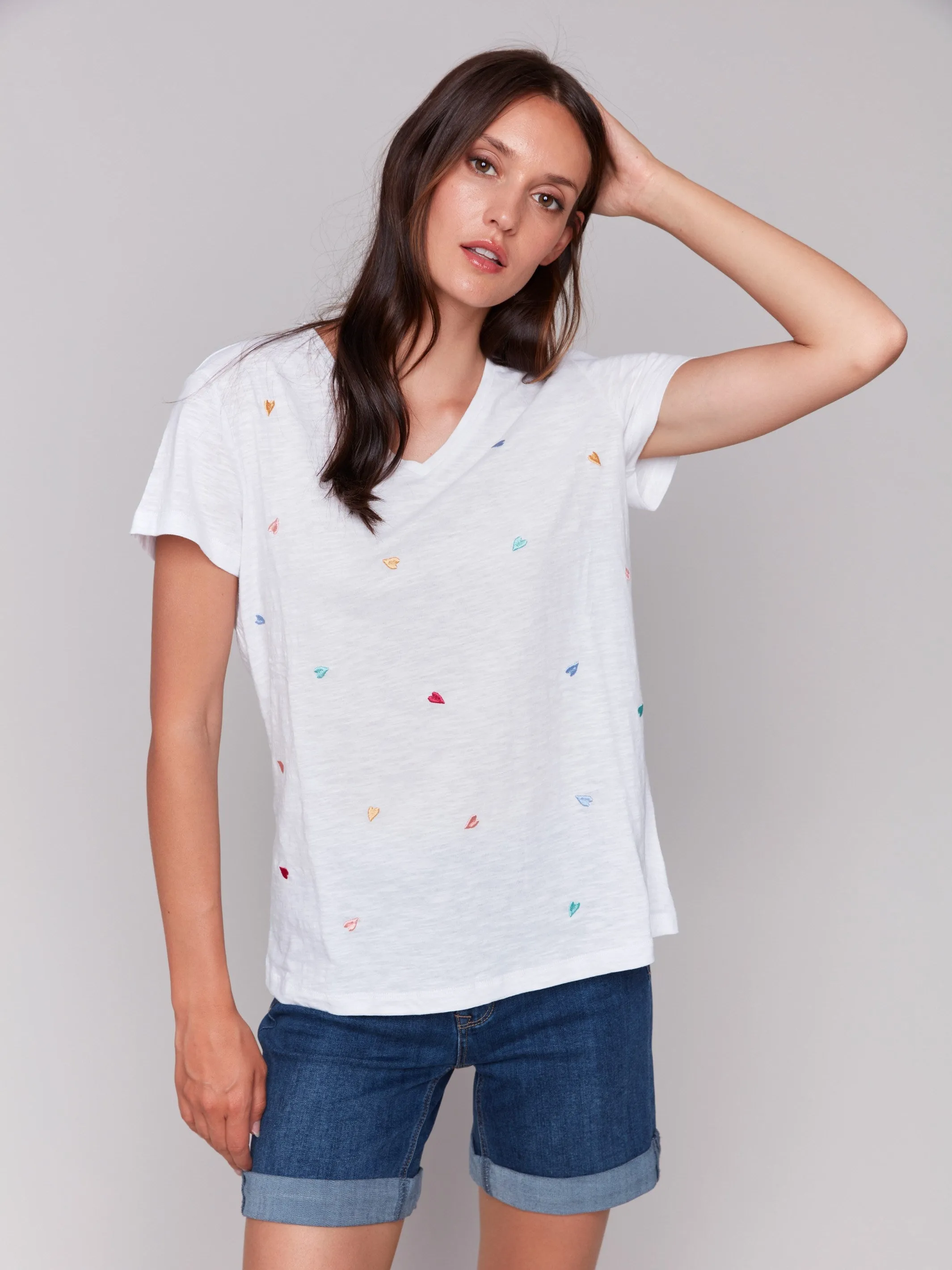 Embroidered Cotton V-Neck T-Shirt - Hearts sold by Charlie B