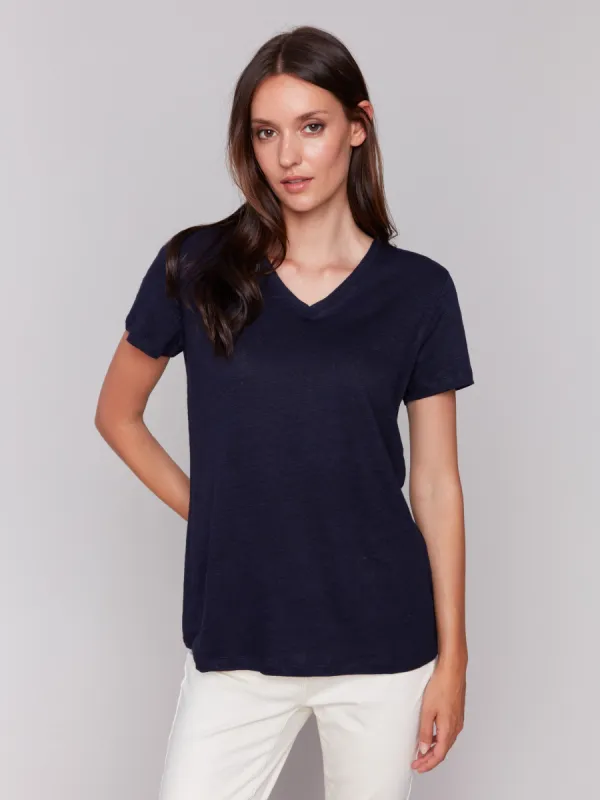 Linen Blend V-Neck T-Shirt - Navy sold by Charlie B