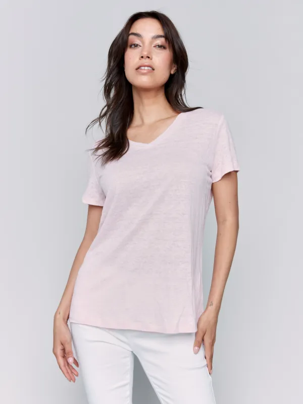 Linen Blend V-Neck T-Shirt - Petal sold by Charlie B