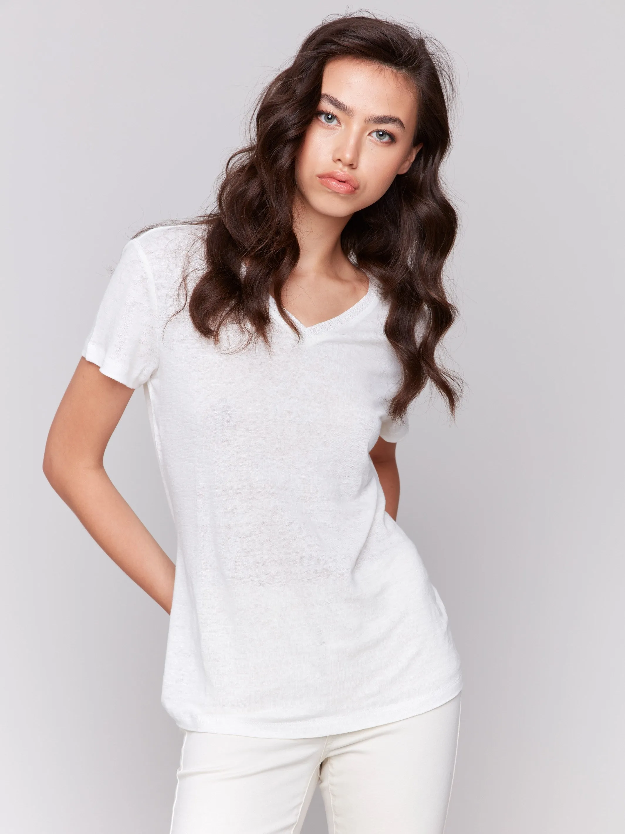 Linen Blend V-Neck T-Shirt - Natural sold by Charlie B product image thumbnail 4