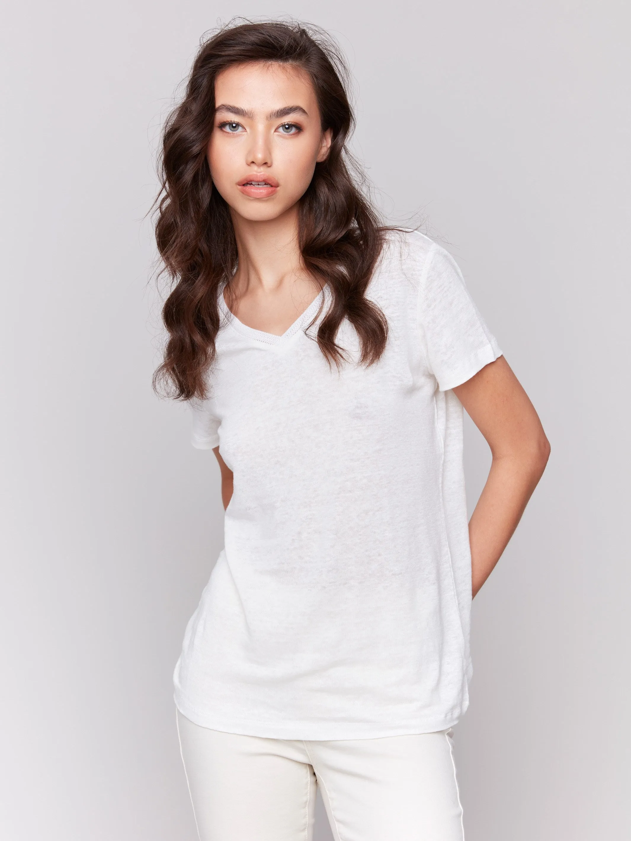 Linen Blend V-Neck T-Shirt - Natural sold by Charlie B