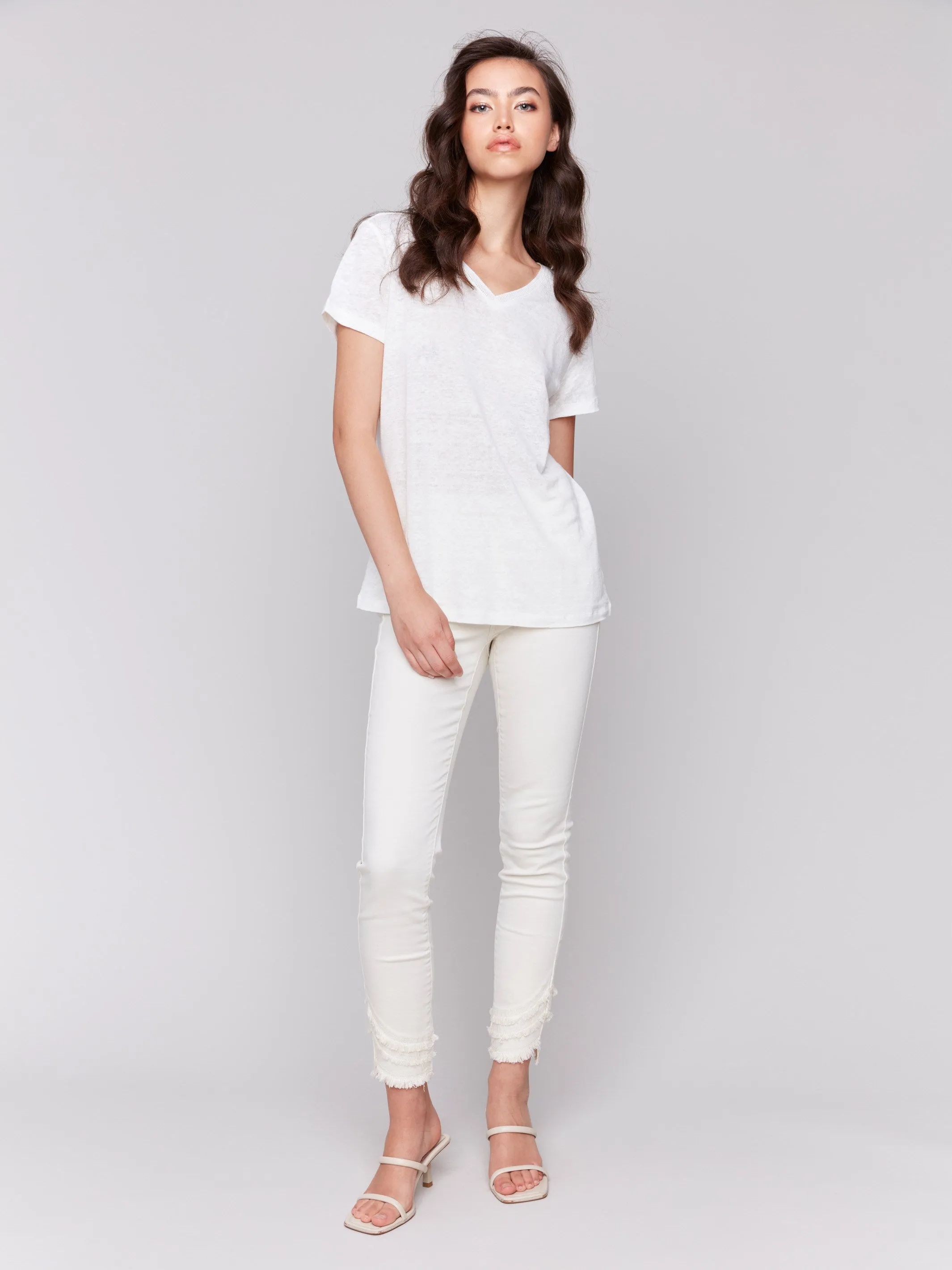 Linen Blend V-Neck T-Shirt - Natural sold by Charlie B product image thumbnail 2