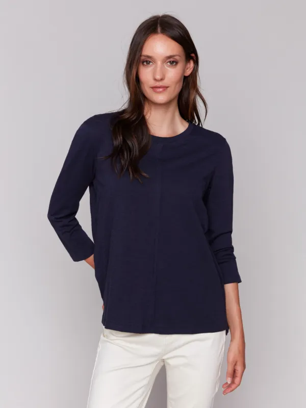 Organic Cotton Slub 3/4 Sleeve Top - Navy sold by Charlie B
