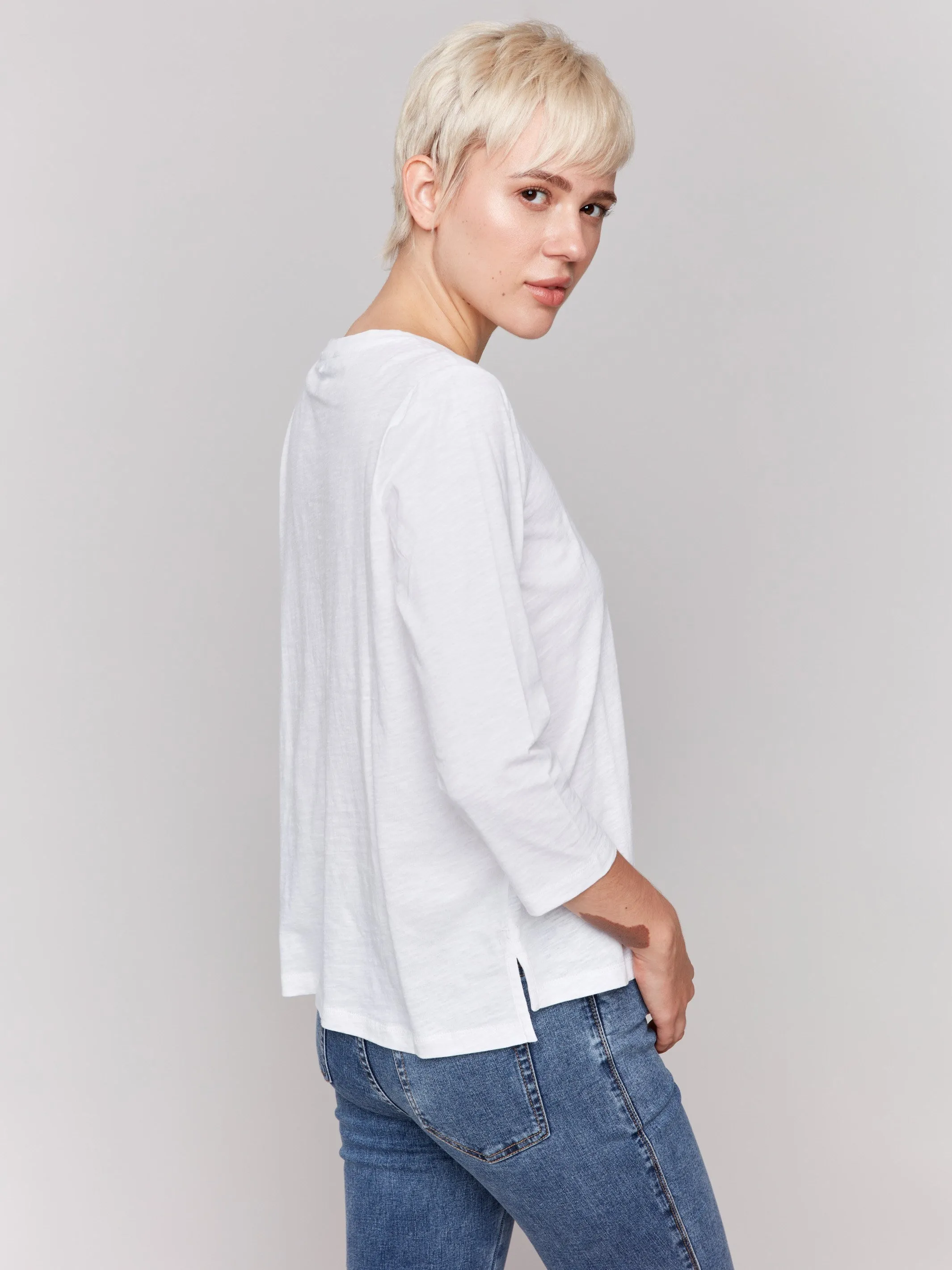 Organic Cotton Slub 3/4 Sleeve Top - White sold by Charlie B product image thumbnail 4