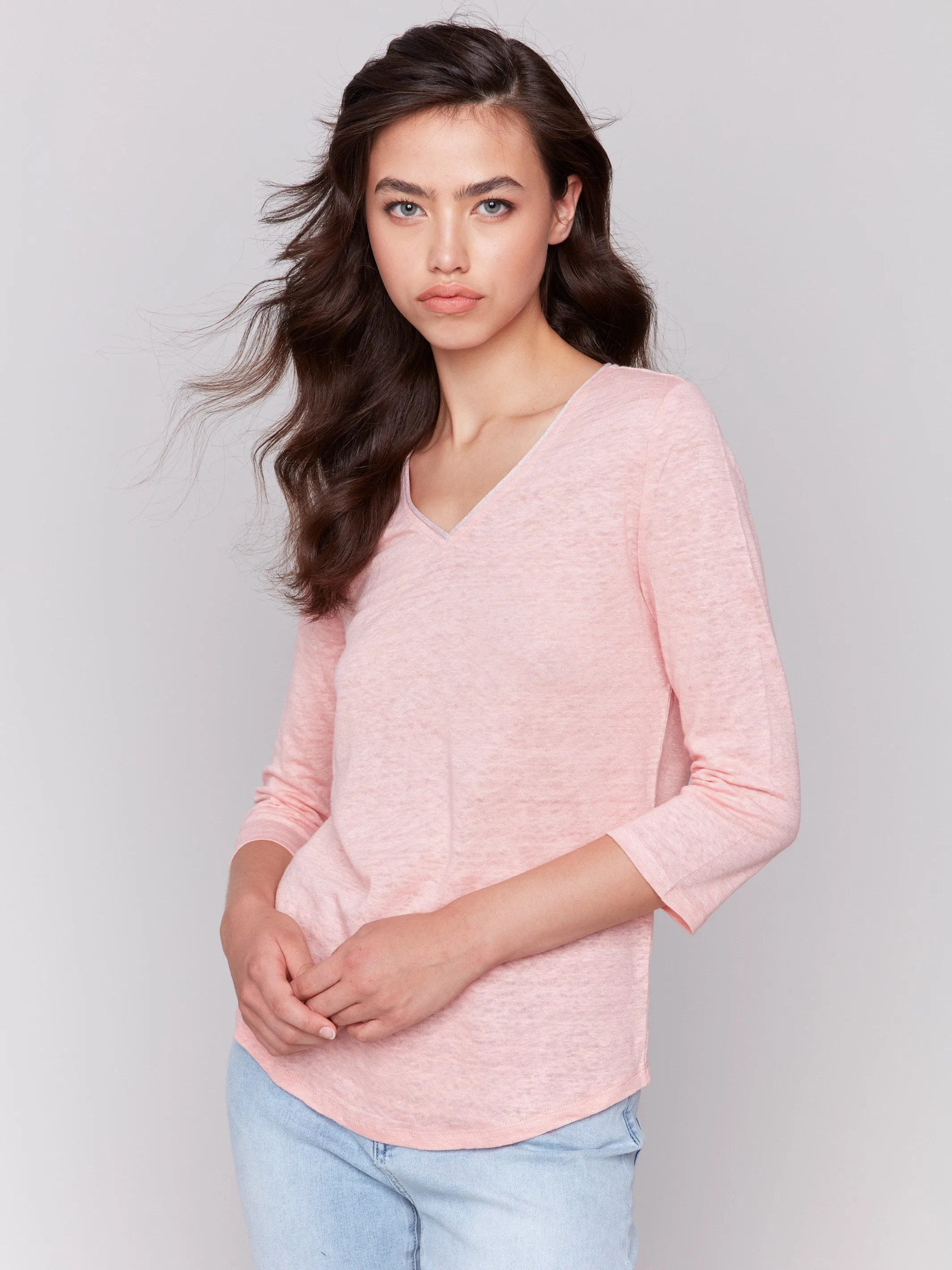Linen Blend V-Neck Top - Guava sold by Charlie B product image thumbnail 4