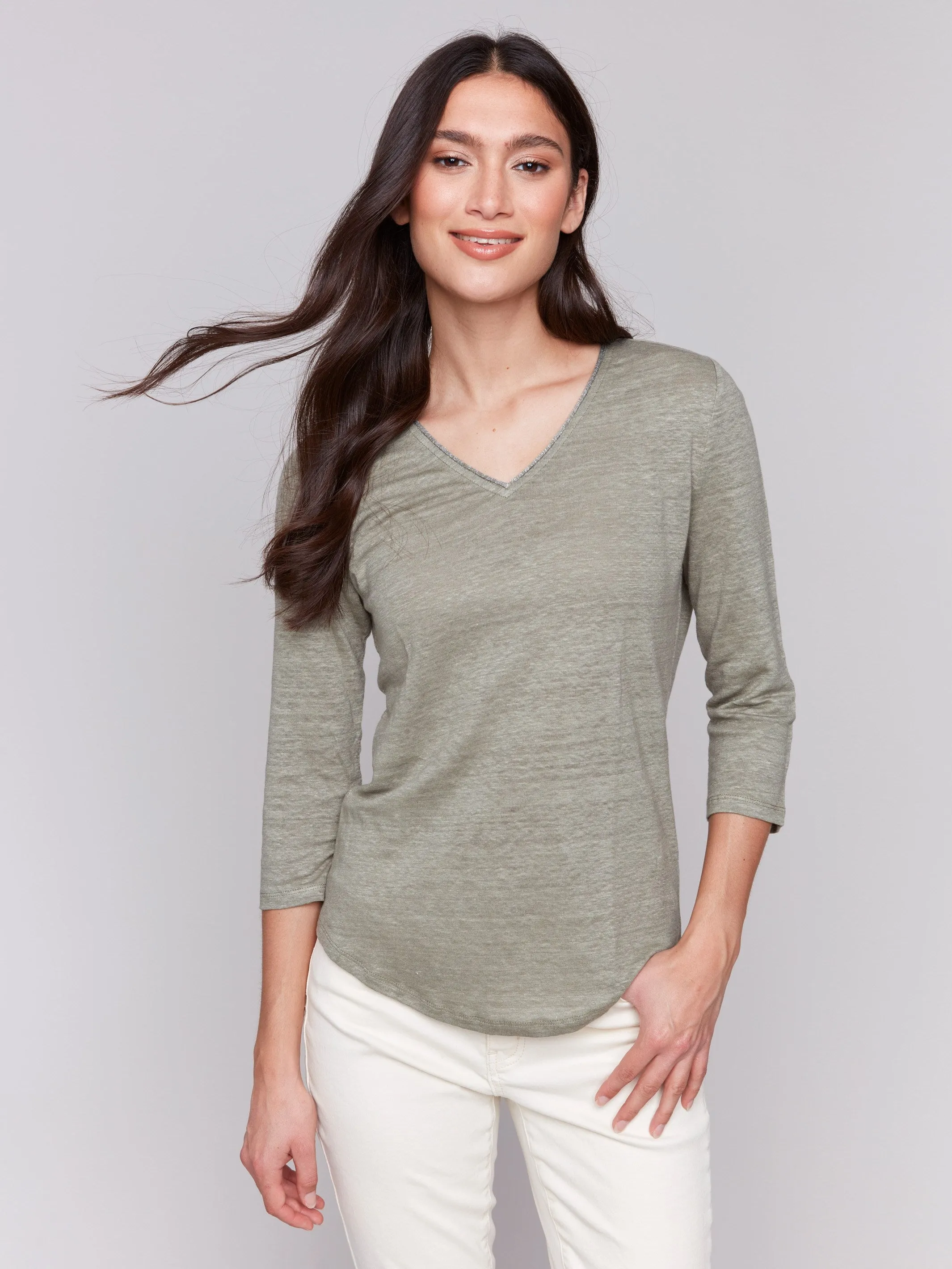 Linen Blend V-Neck Top - Celadon sold by Charlie B