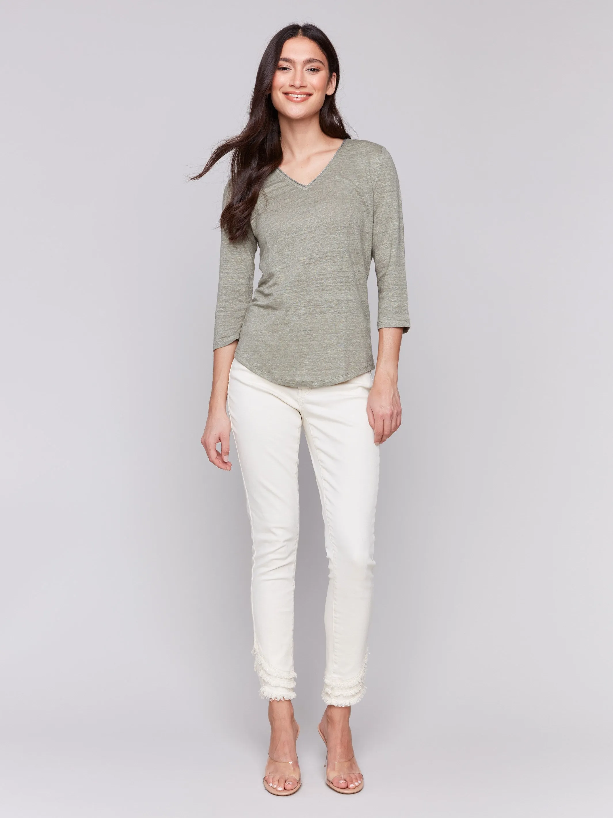 Linen Blend V-Neck Top - Celadon sold by Charlie B product image thumbnail 2