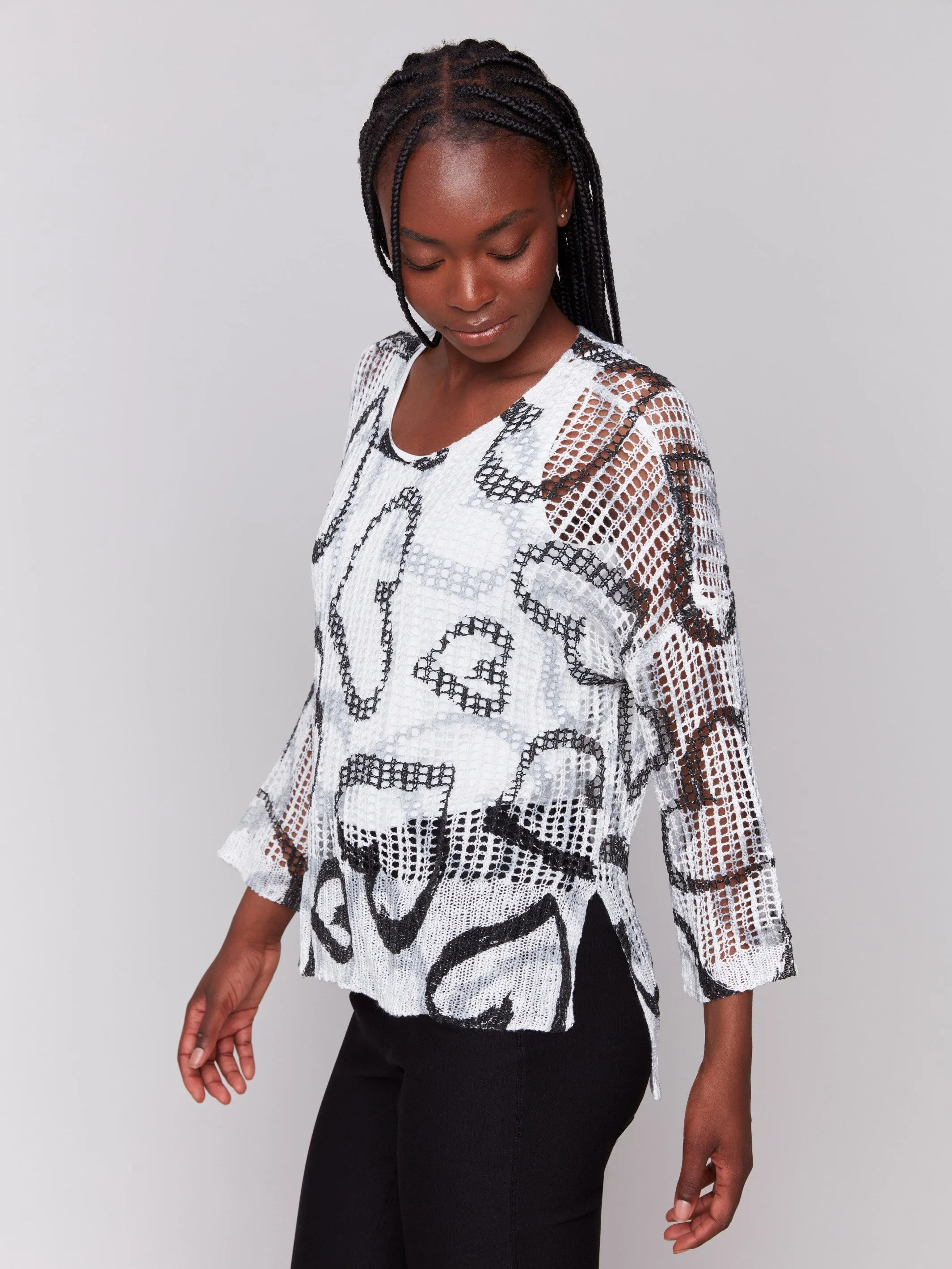 Printed Fishnet Crochet Sweater - Hearts sold by Charlie B product image thumbnail 3