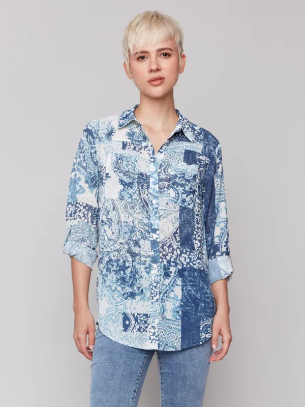 Printed Crinkle Button-Front Blouse - Scarf sold by Charlie B