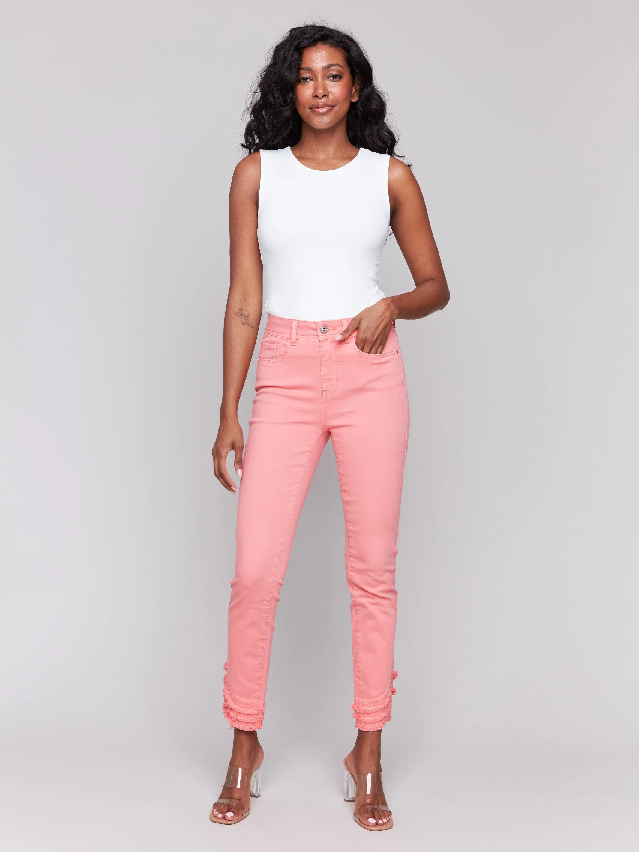 Frayed Hem Twill Pants - Watermelon sold by Charlie B