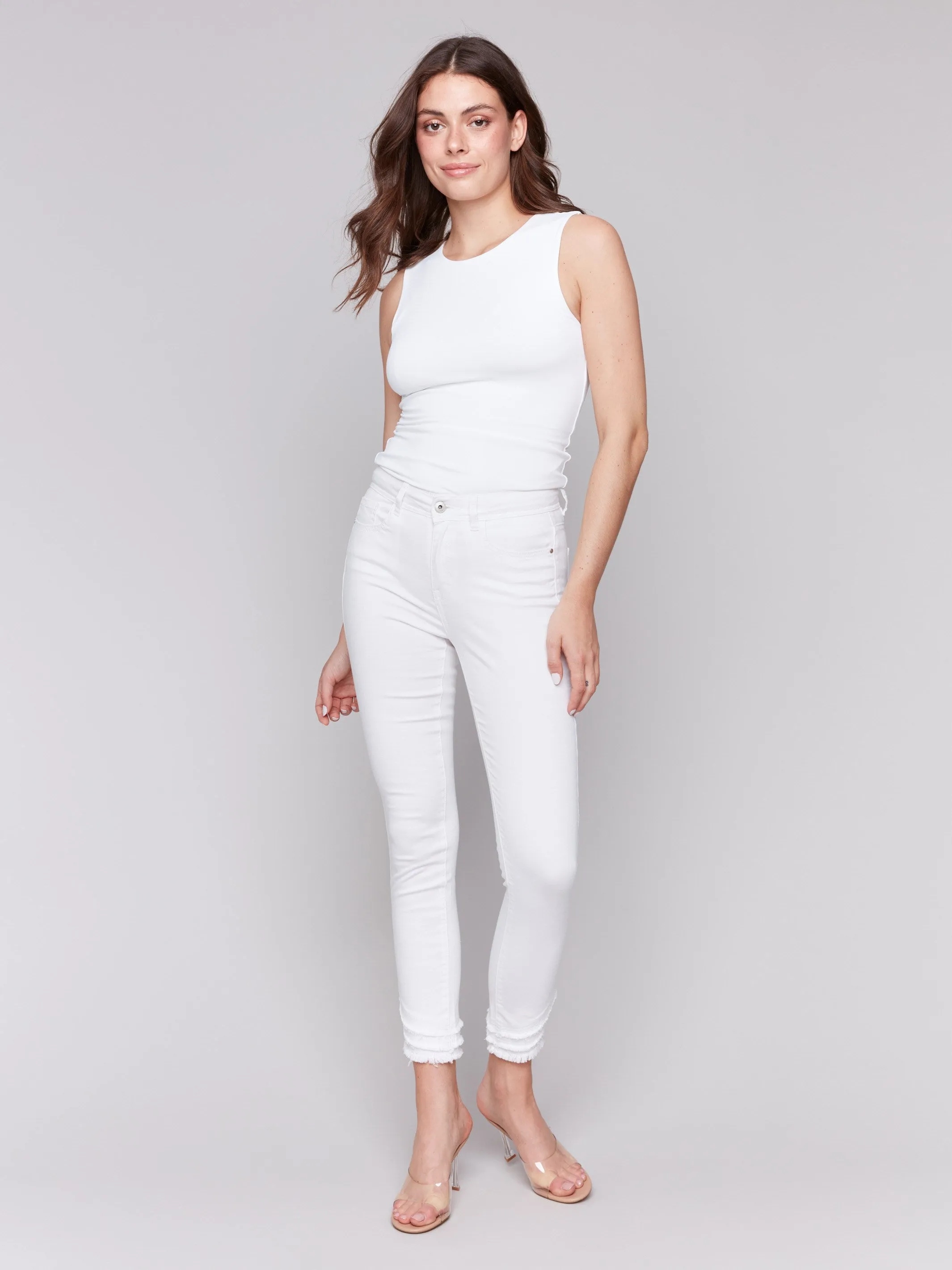 Frayed Hem Twill Pants - White sold by Charlie B