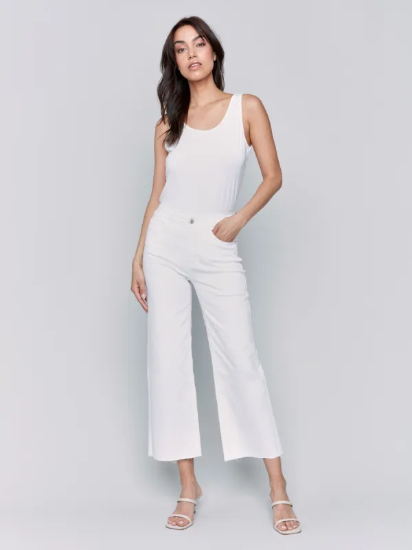 Wide Leg Twill Pants With Raw Edge - White sold by Charlie B
