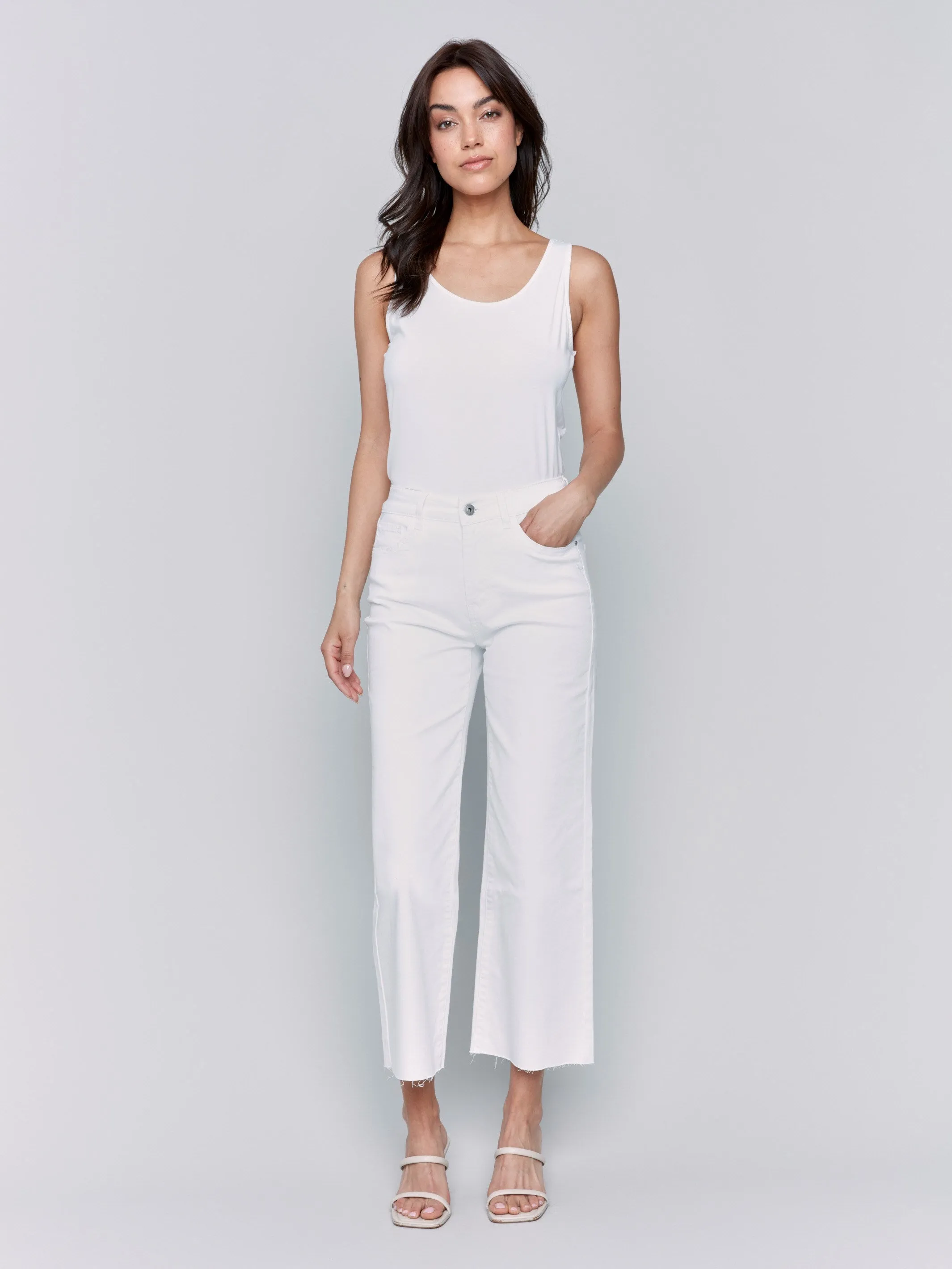 Wide Leg Twill Pants With Raw Edge - White sold by Charlie B product image thumbnail 5