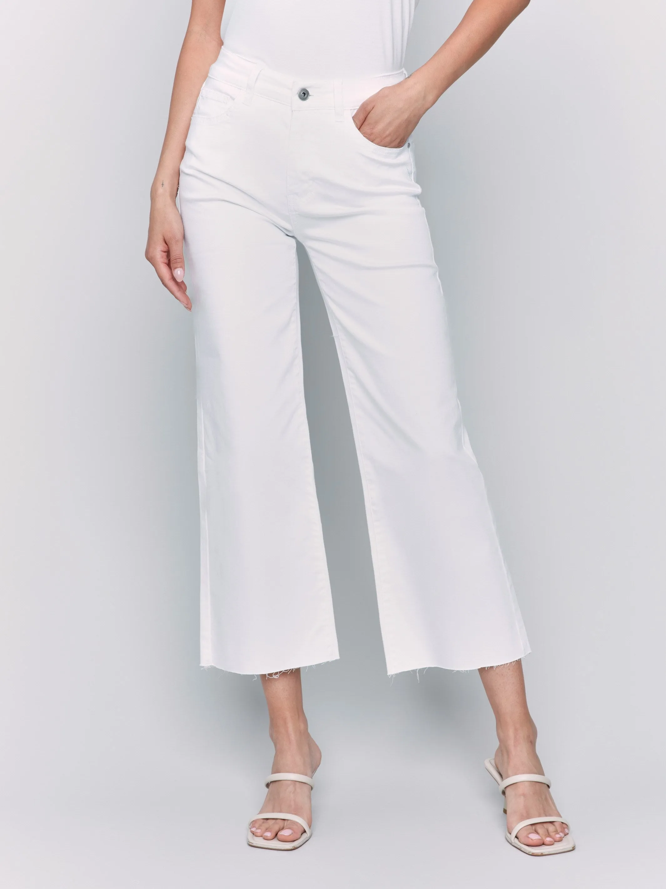 Wide Leg Twill Pants With Raw Edge - White sold by Charlie B product image thumbnail 2