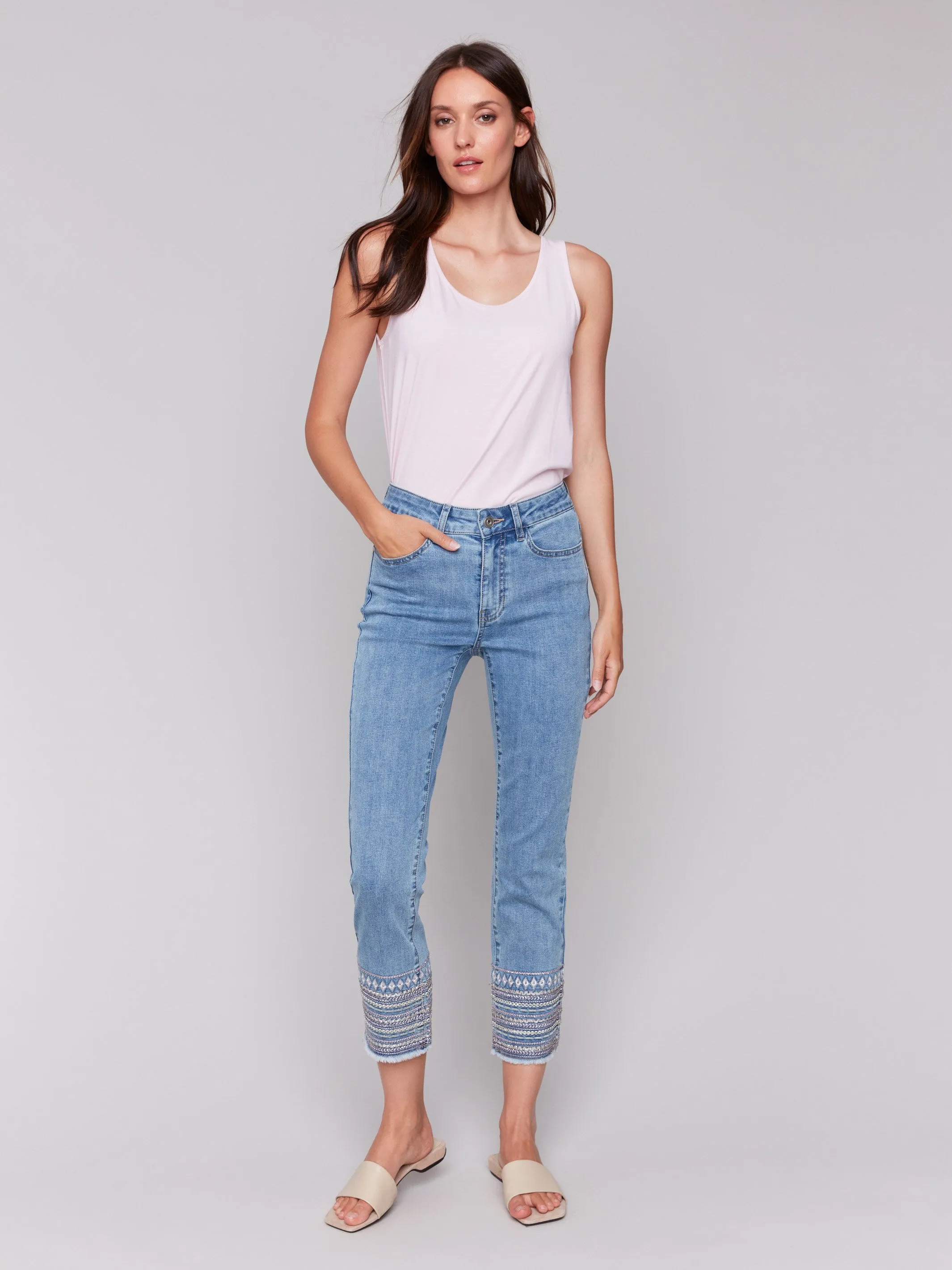 Embroidered Hem Jeans - Light Blue sold by Charlie B