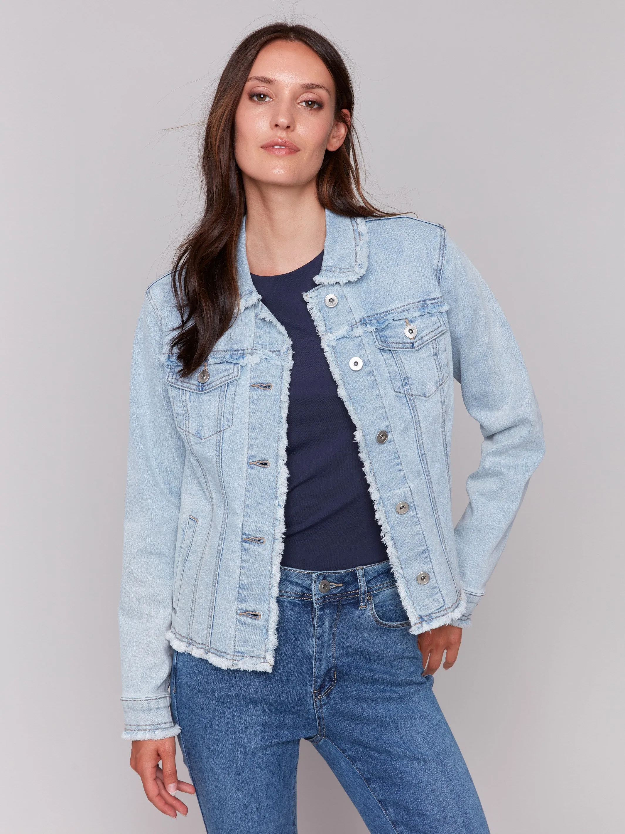 Frayed Edge Stretch Denim Jacket - Bleach Blue sold by Charlie B