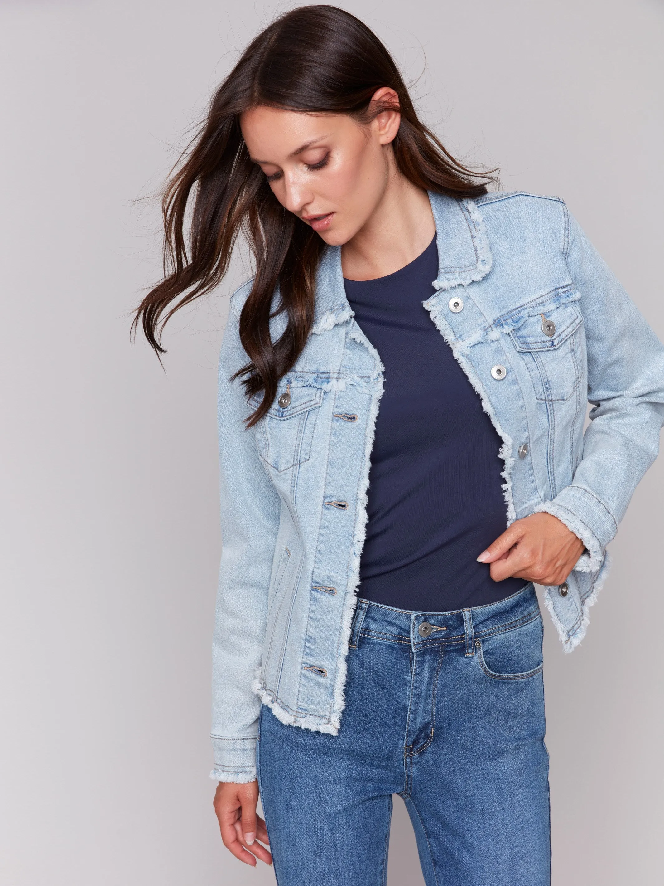 Frayed Edge Stretch Denim Jacket - Bleach Blue sold by Charlie B product image thumbnail 5