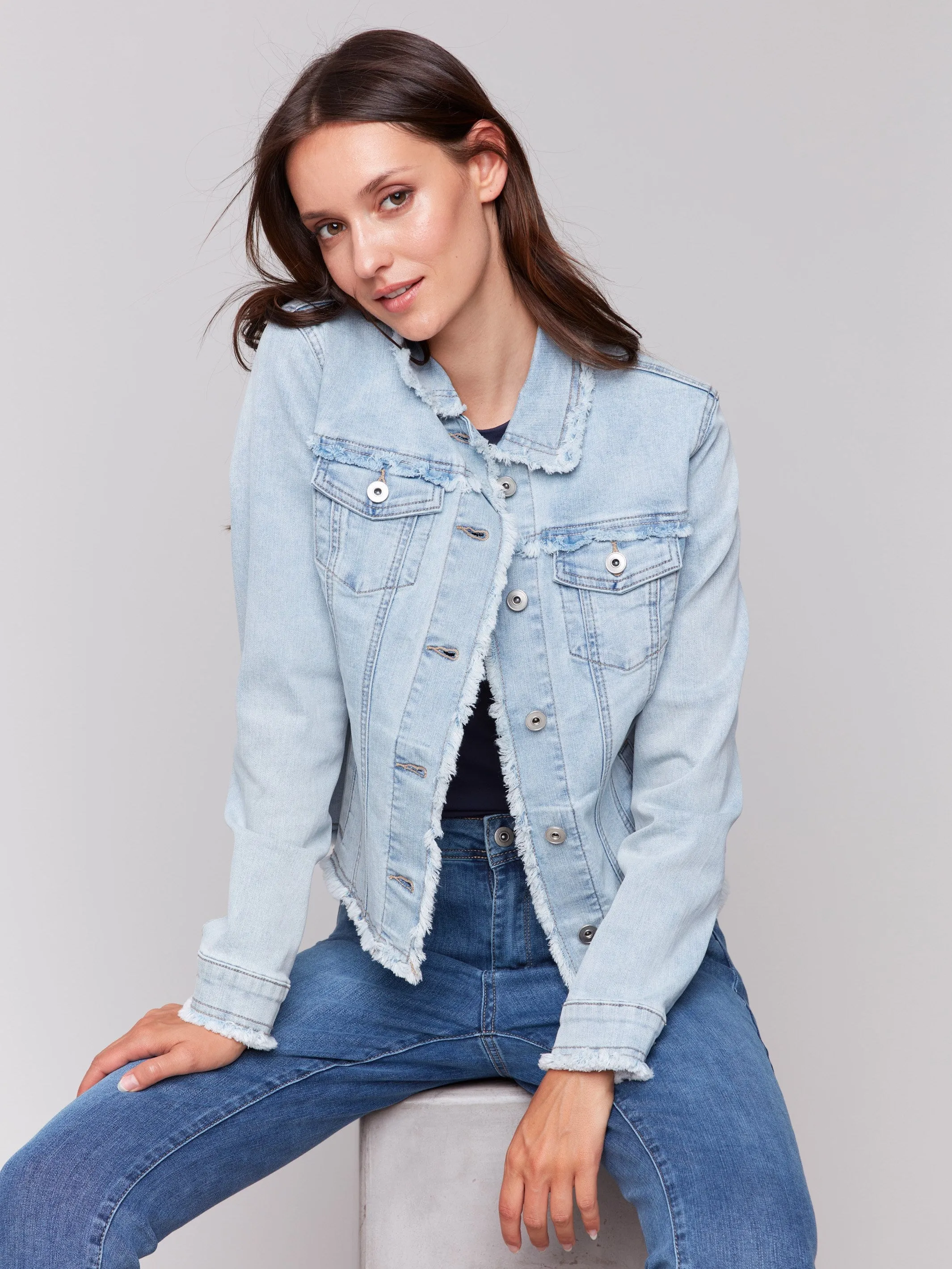 Frayed Edge Stretch Denim Jacket - Bleach Blue sold by Charlie B product image thumbnail 2