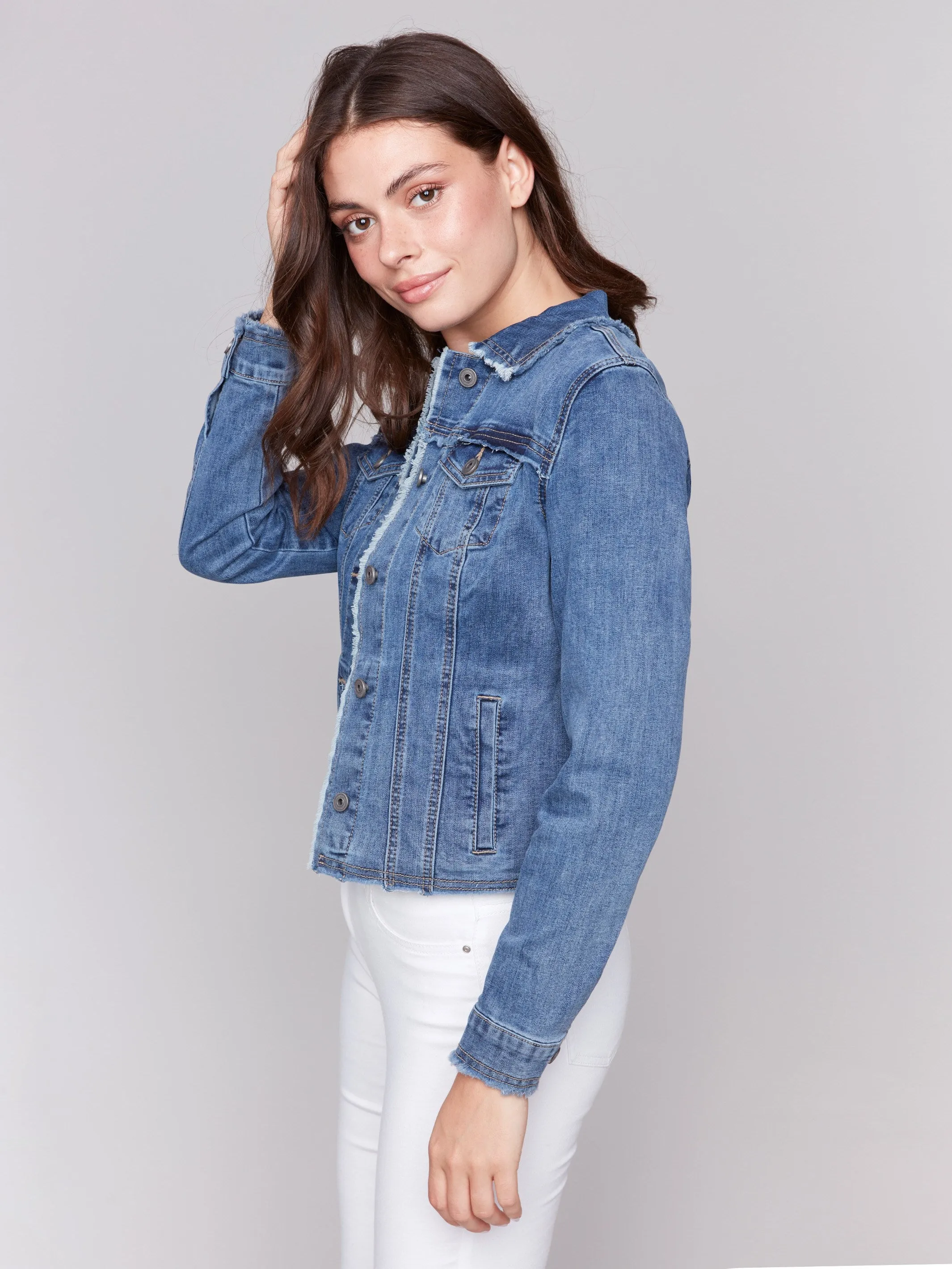 Frayed Edge Stretch Denim Jacket - Medium Blue sold by Charlie B product image thumbnail 3