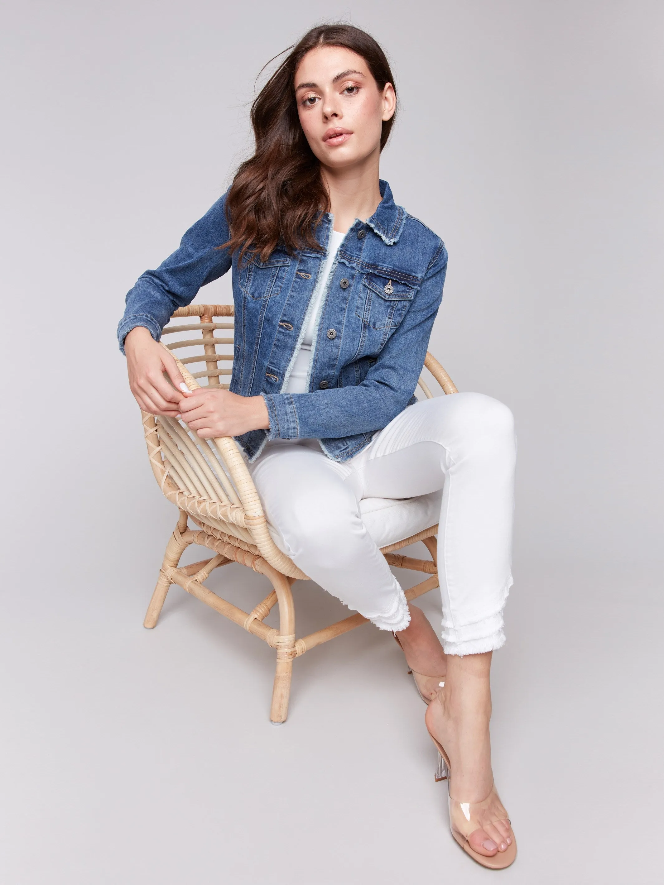 Frayed Edge Stretch Denim Jacket - Medium Blue sold by Charlie B product image thumbnail 4