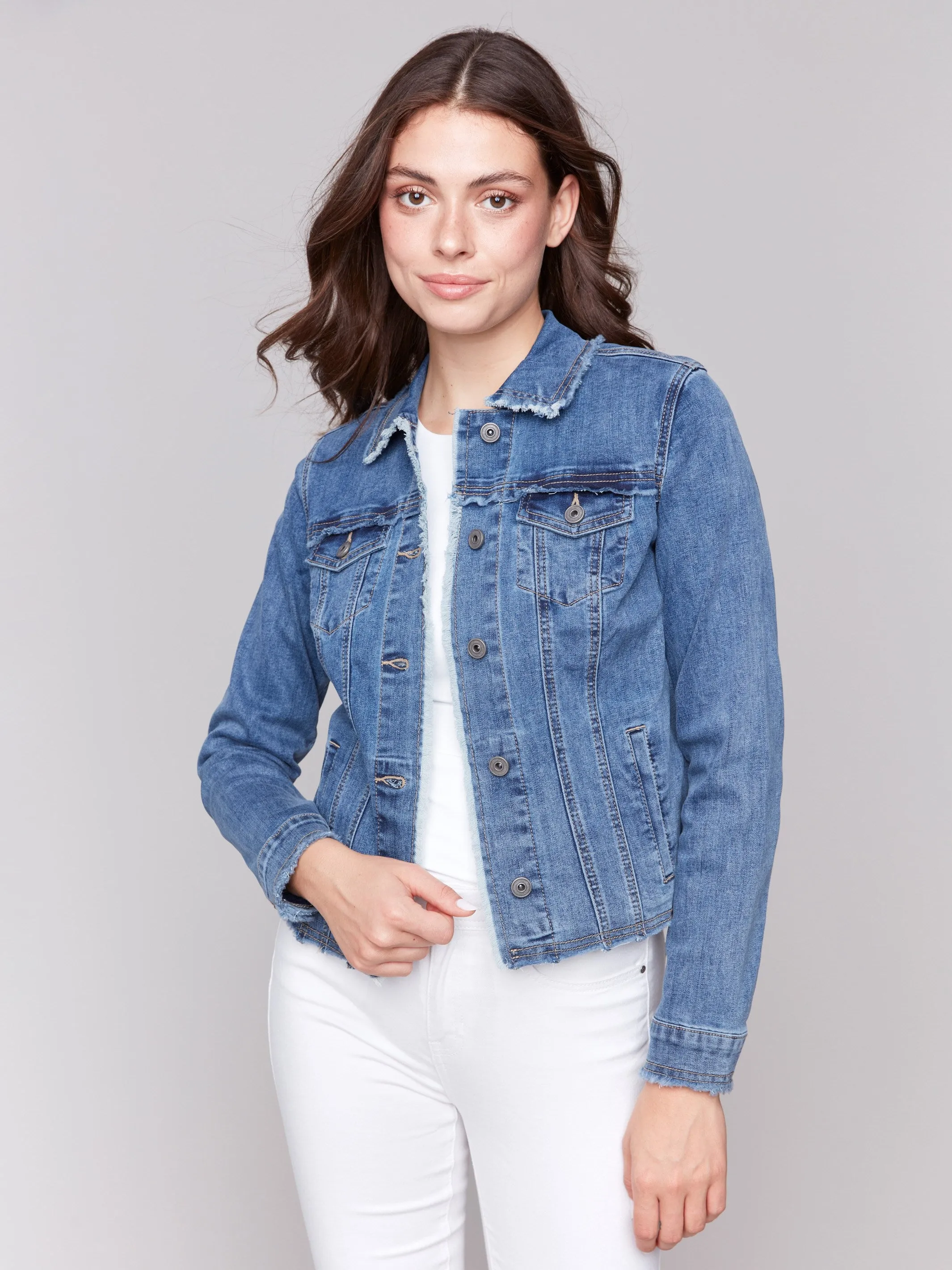 Frayed Edge Stretch Denim Jacket - Medium Blue sold by Charlie B
