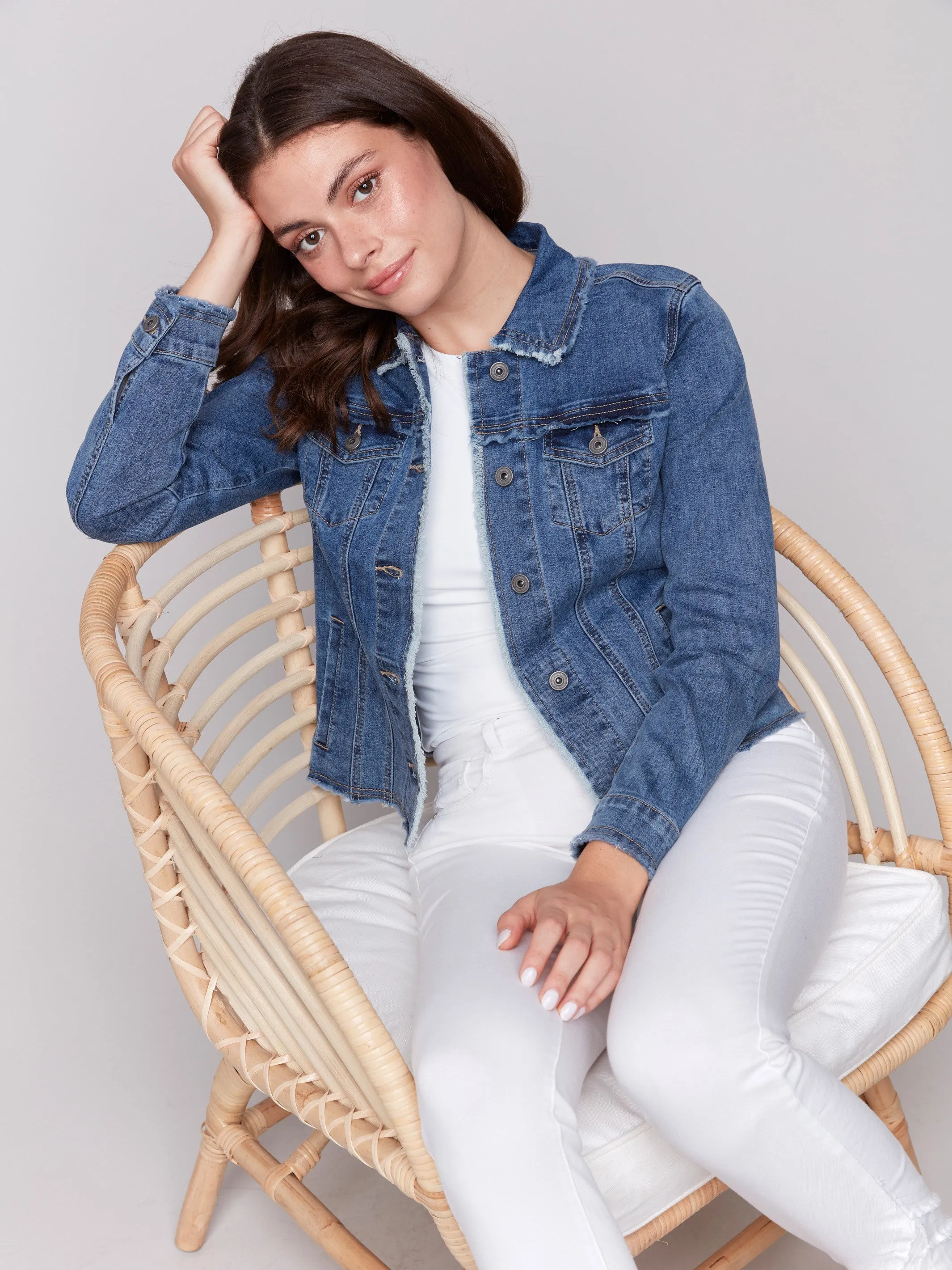 Frayed Edge Stretch Denim Jacket - Medium Blue sold by Charlie B product image thumbnail 5