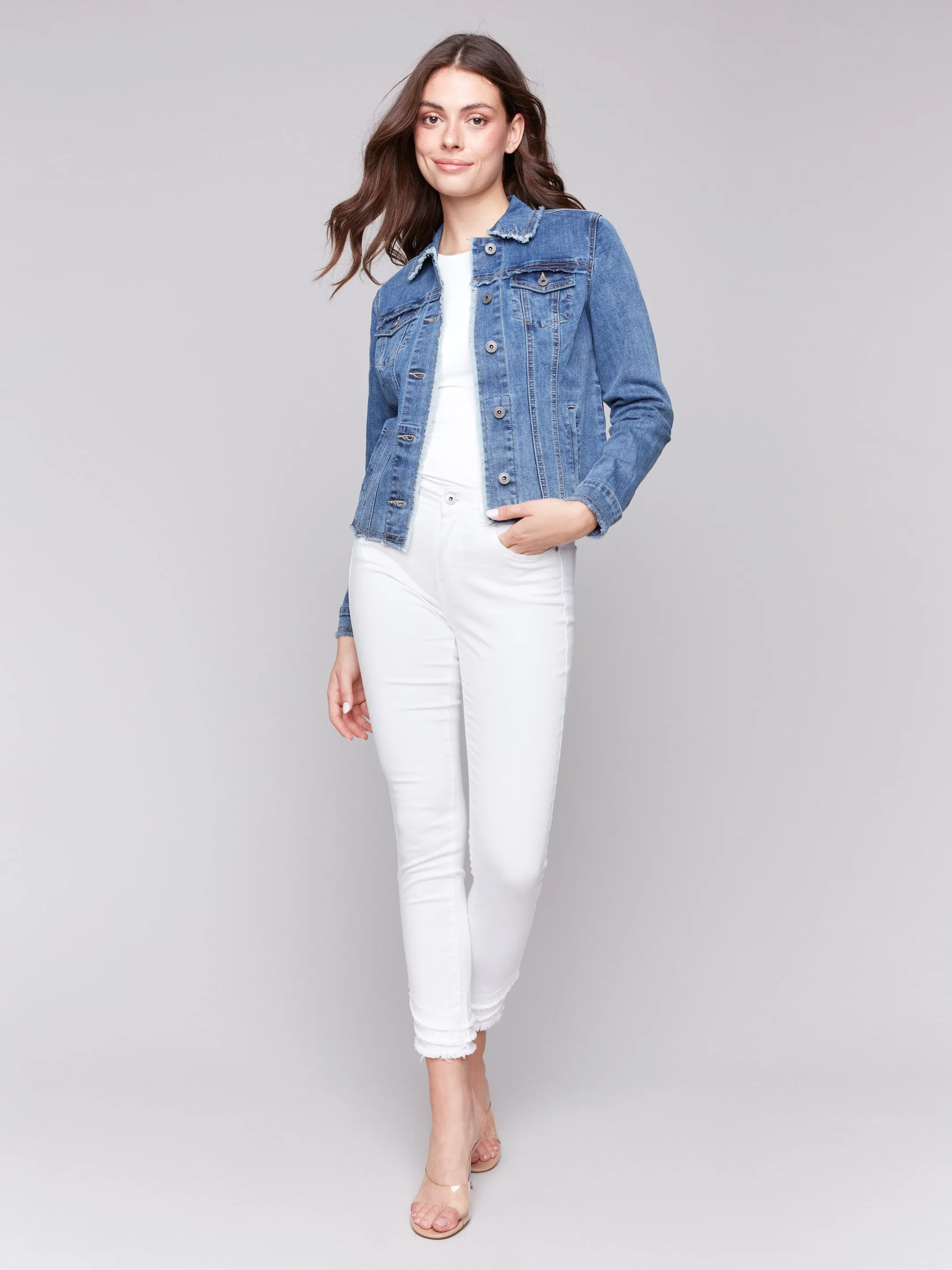 Frayed Edge Stretch Denim Jacket - Medium Blue sold by Charlie B product image thumbnail 2